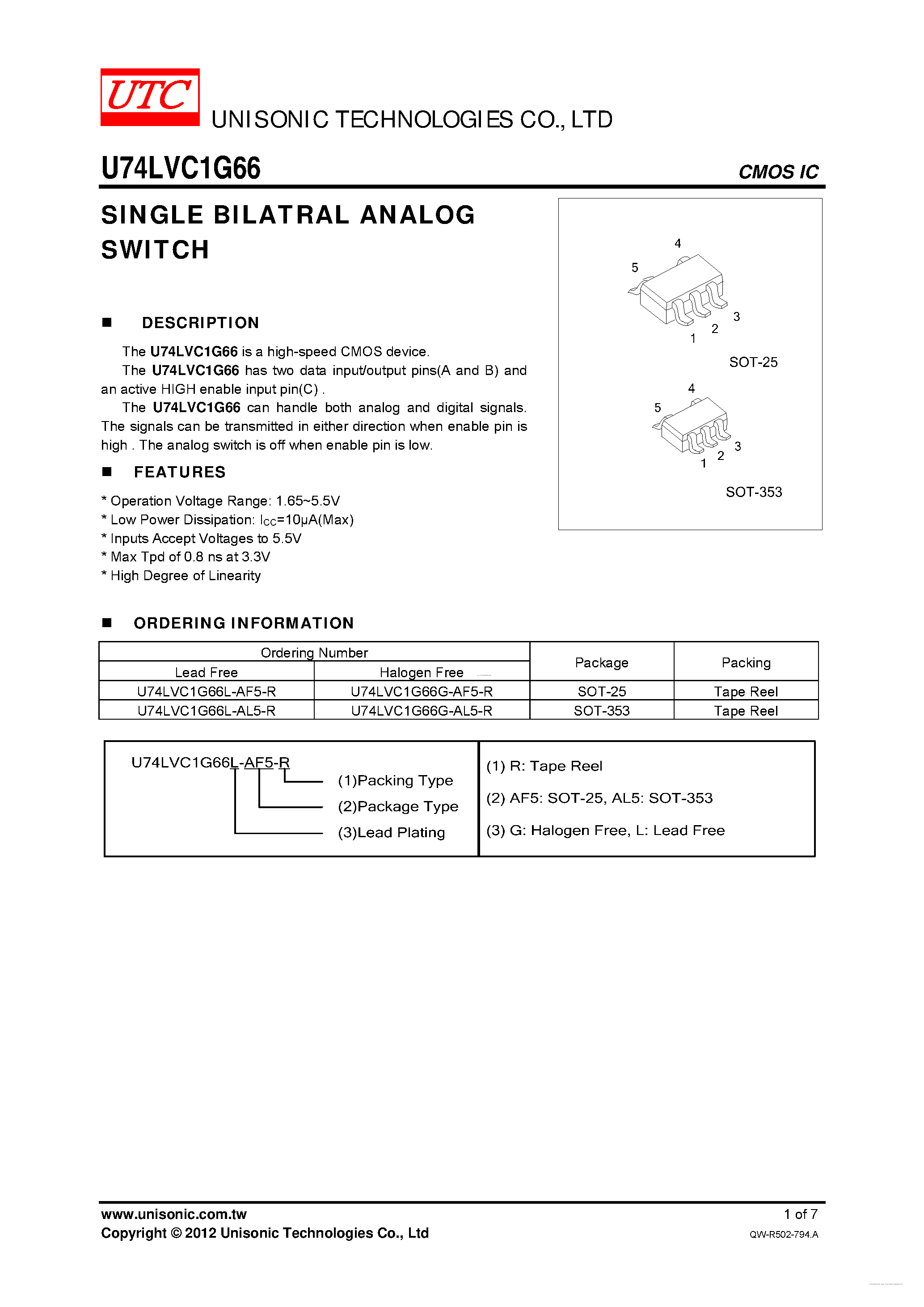 Datasheet U74LVC1G66 page 1 Datasheet U74LVC1G66 - SINGLE BILATRAL ANALOG SWITCH page 1