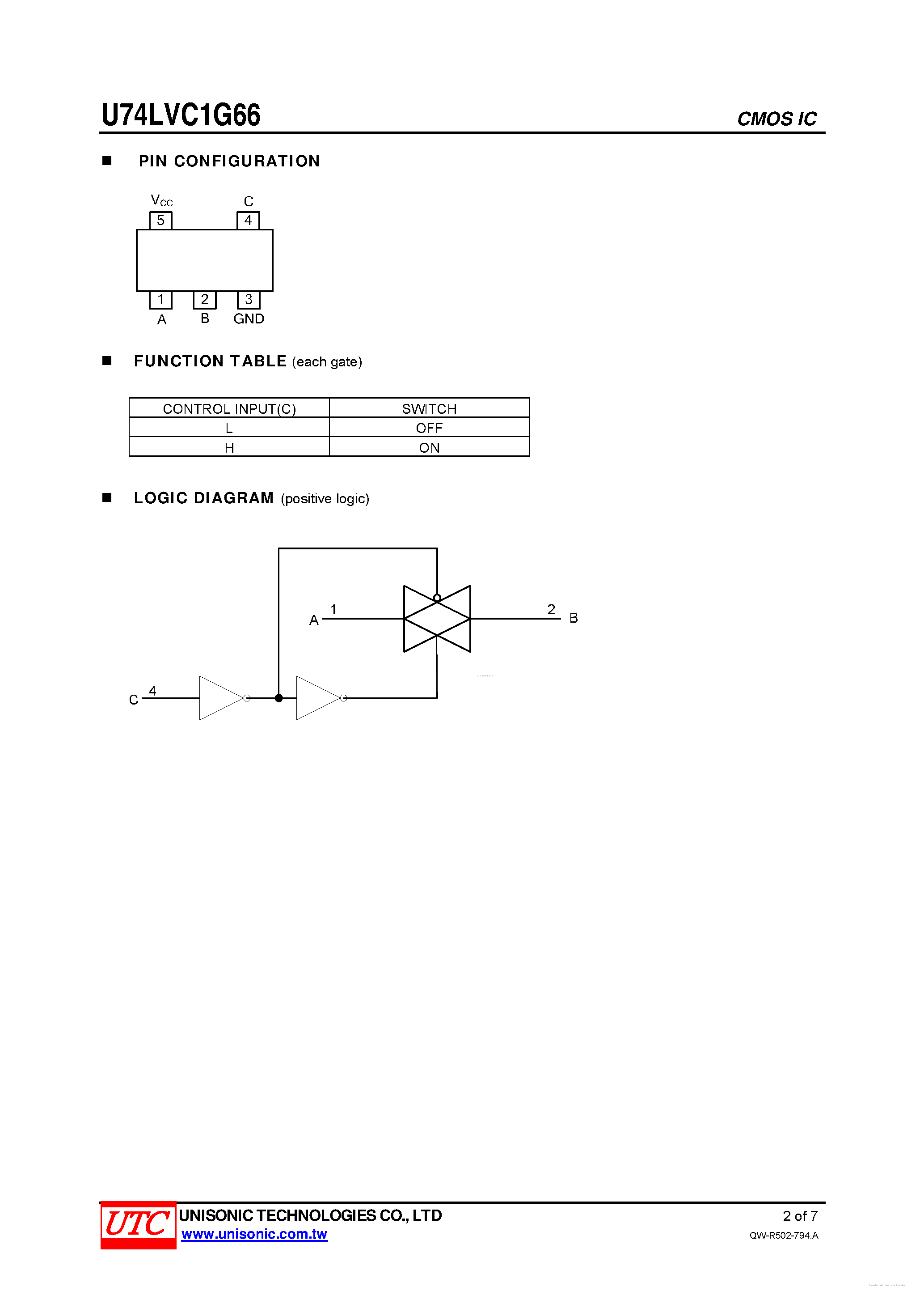 Datasheet U74LVC1G66 page 2 Datasheet U74LVC1G66 - SINGLE BILATRAL ANALOG SWITCH page 2