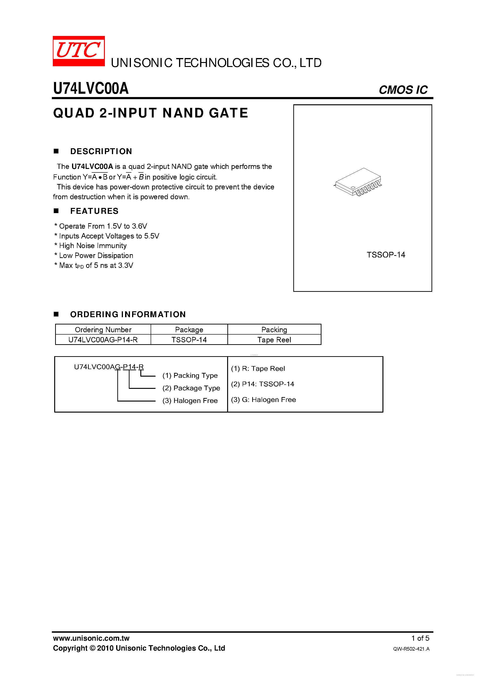Datasheet U74LVC00A - QUAD 2-INPUT NAND GATE page 1