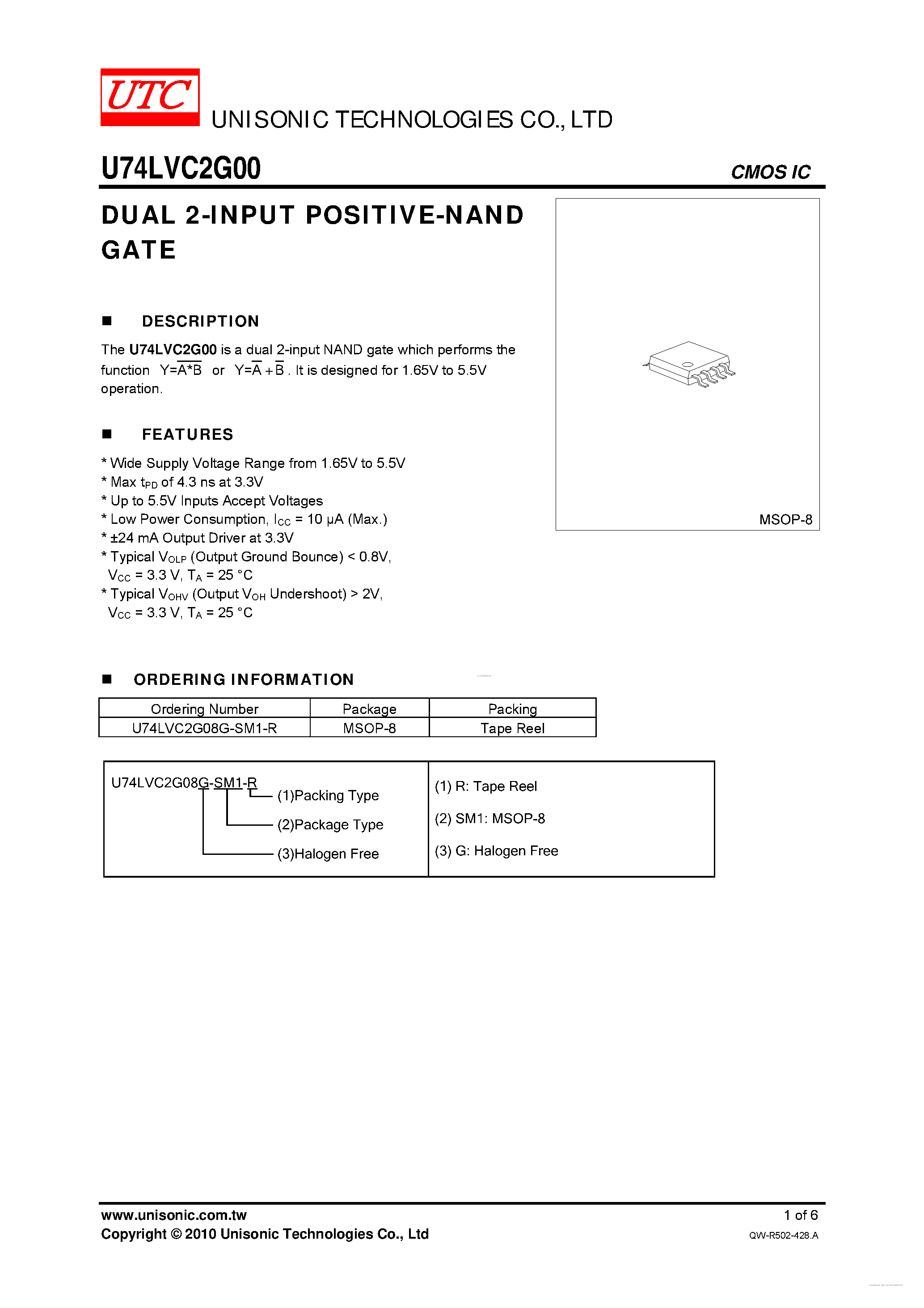 Datasheet U74LVC2G00 - DUAL 2-INPUT POSITIVE-NAND GATE page 1