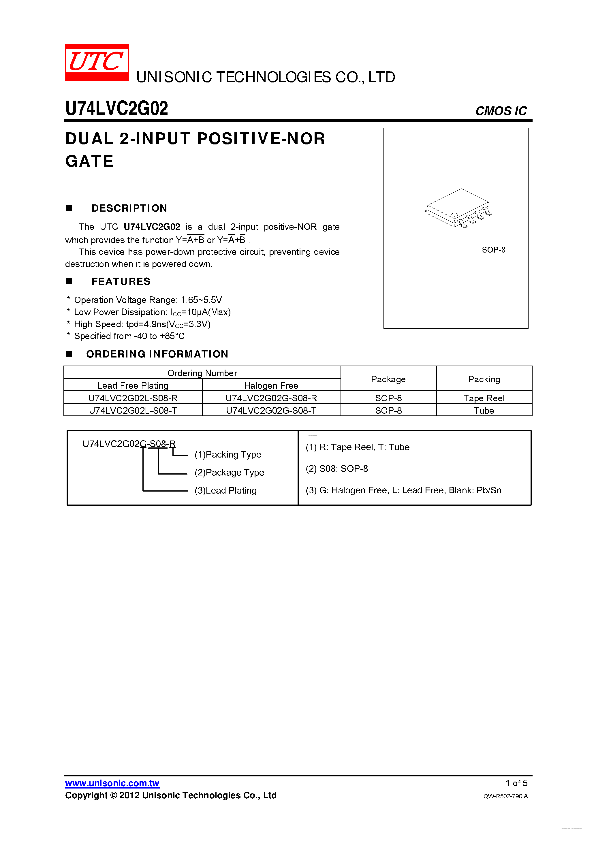 Datasheet U74LVC2G02 page 1 Datasheet U74LVC2G02 - DUAL 2-INPUT POSITIVE-NOR GATE page 1