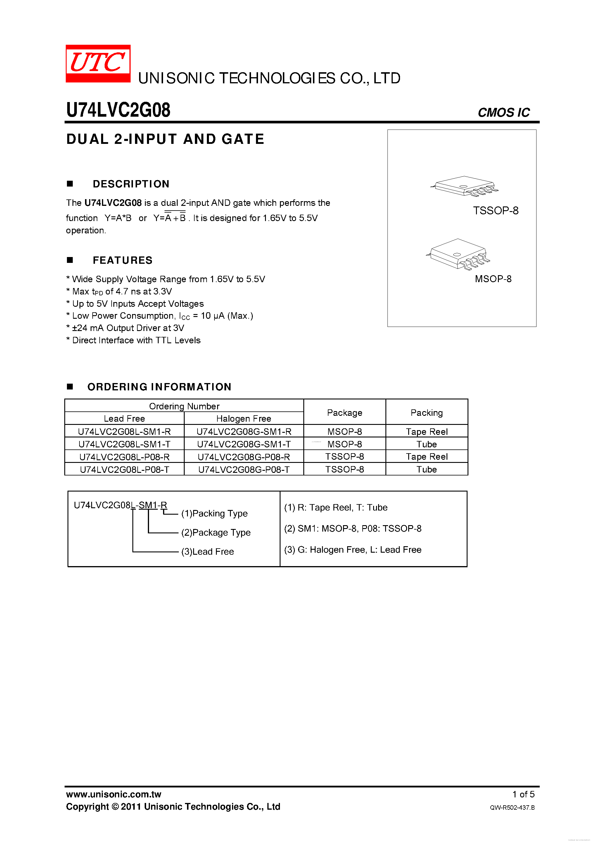 Datasheet U74LVC2G08 page 1 Datasheet U74LVC2G08 - DUAL 2-INPUT AND GATE page 1