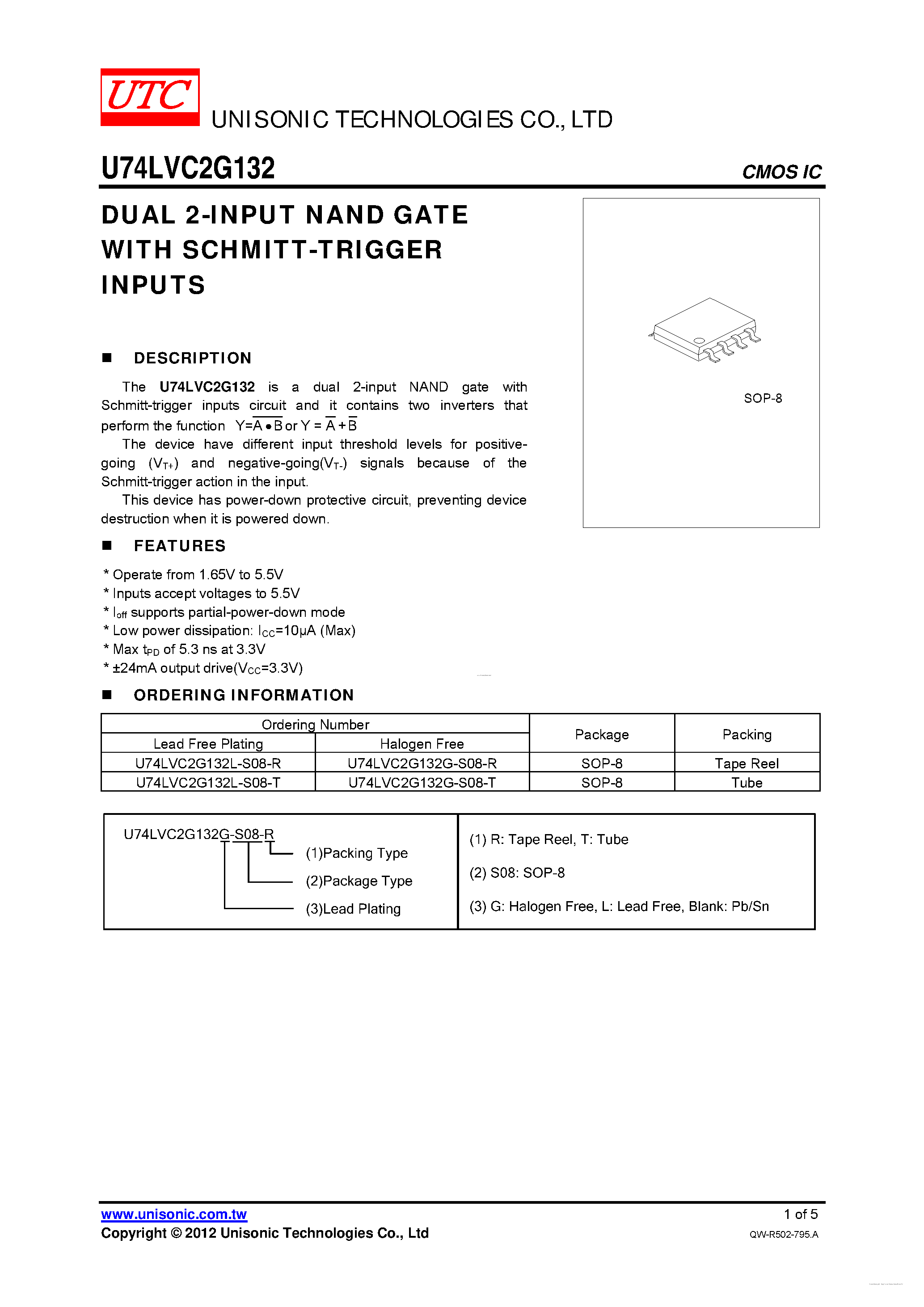 Datasheet U74LVC2G132 page 1 Datasheet U74LVC2G132 - DUAL 2-INPUT NAND GATE page 1