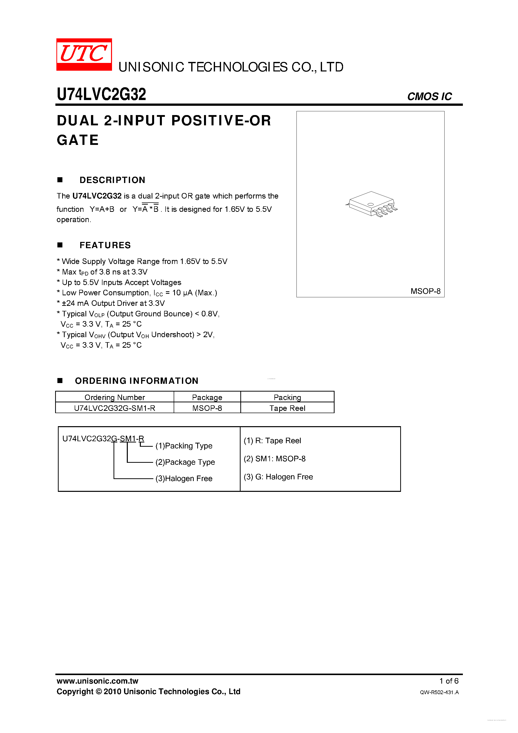 Datasheet U74LVC2G32 - DUAL 2-INPUT POSITIVE-OR GATE page 1