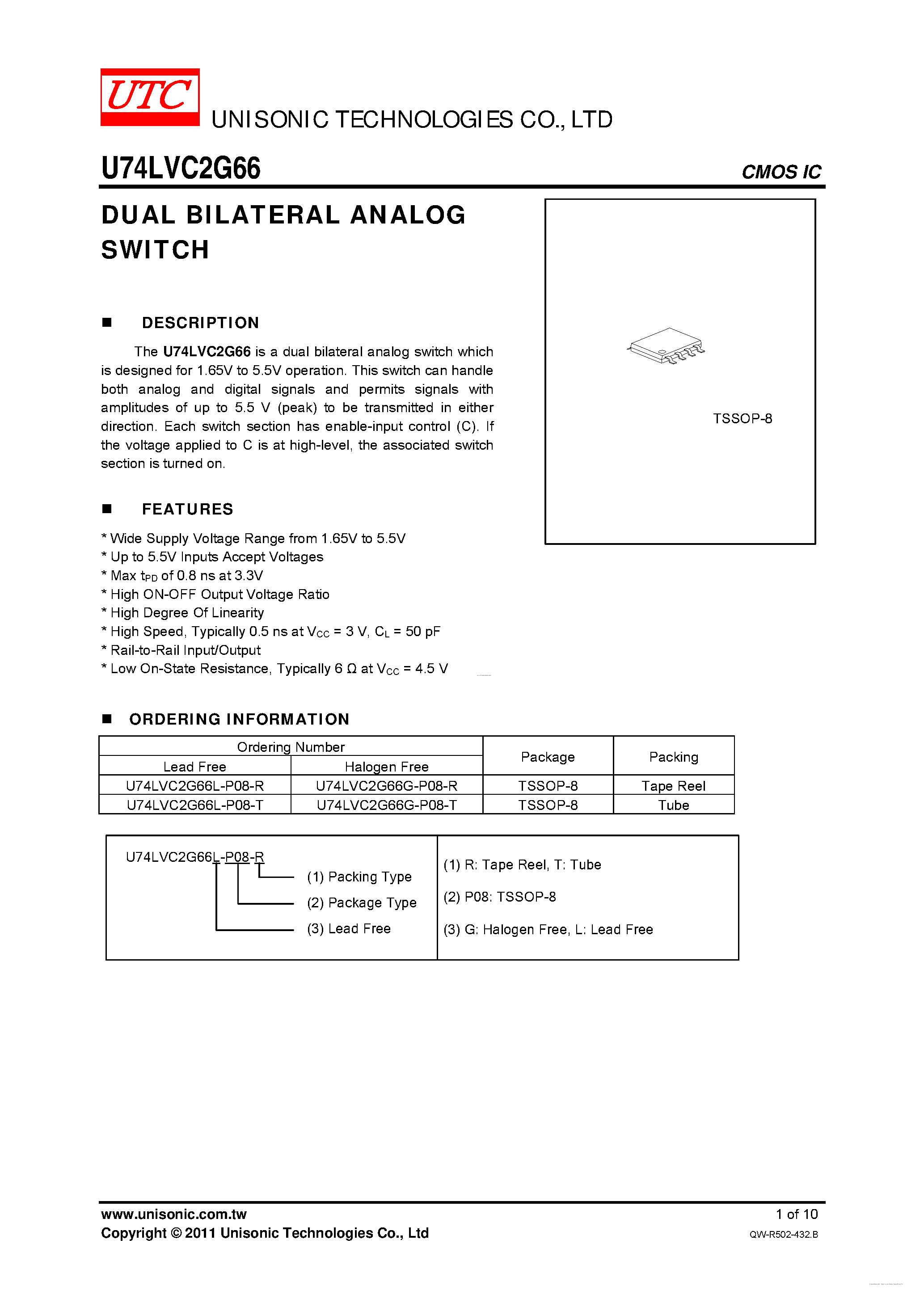 Datasheet U74LVC2G66 - DUAL BILATERAL ANALOG SWITCH page 1