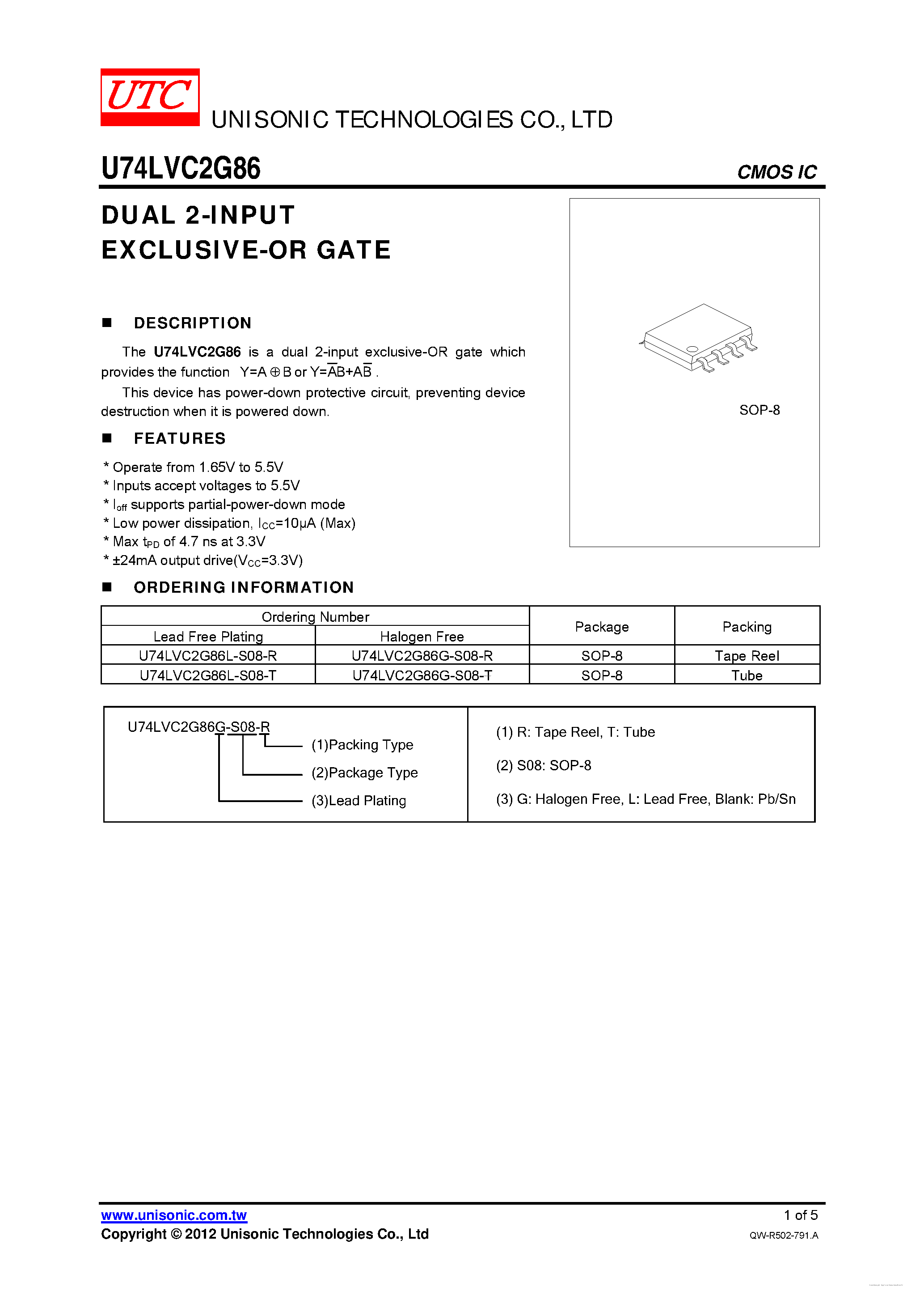 Datasheet U74LVC2G86 - DUAL 2-INPUT EXCLUSIVE-OR GATE page 1