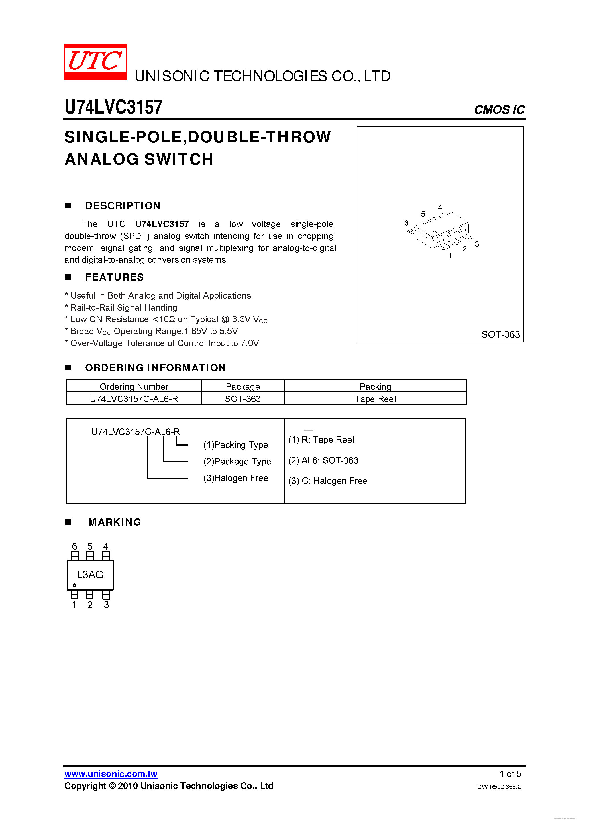 Datasheet U74LVC3157 page 1 Datasheet U74LVC3157 - DOUBLE-THROW ANALOG SWITCH page 1