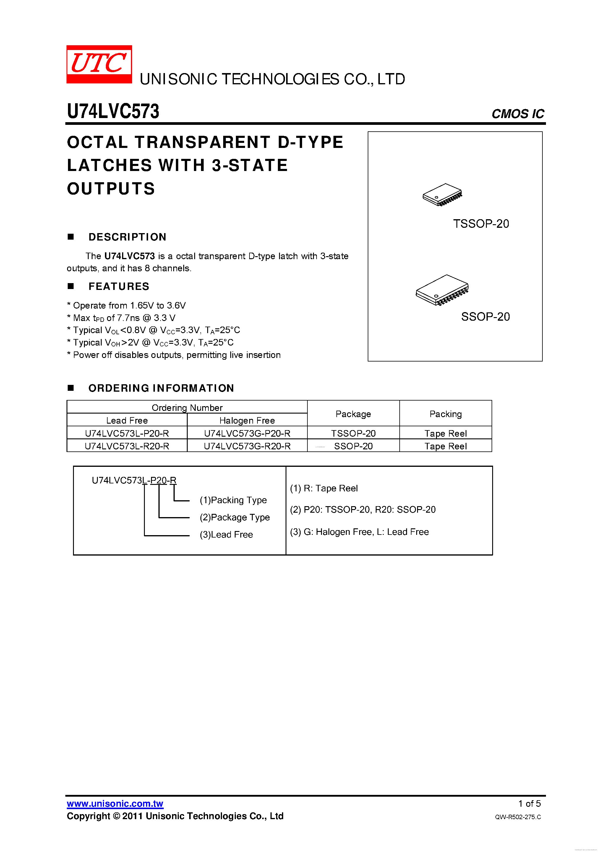 Даташит на микросхему U74LVC573 страница 1 Даташит U74LVC573 - OCTAL TRANSPARENT D-TYPE LATCHES страница 1