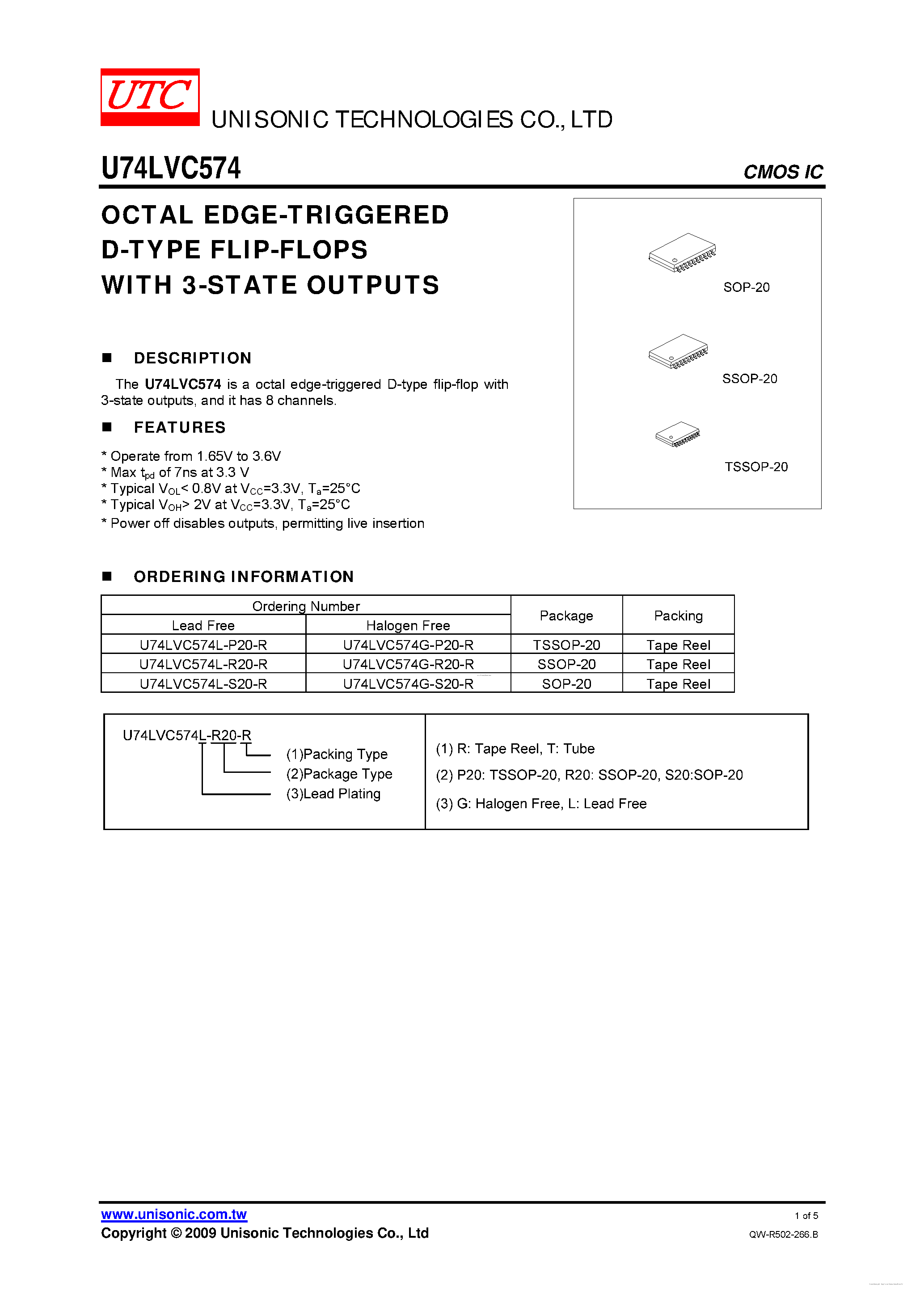 Даташит U74LVC574 - OCTAL EDGE-TRIGGERED D-TYPE FLIP-FLOPS страница 1