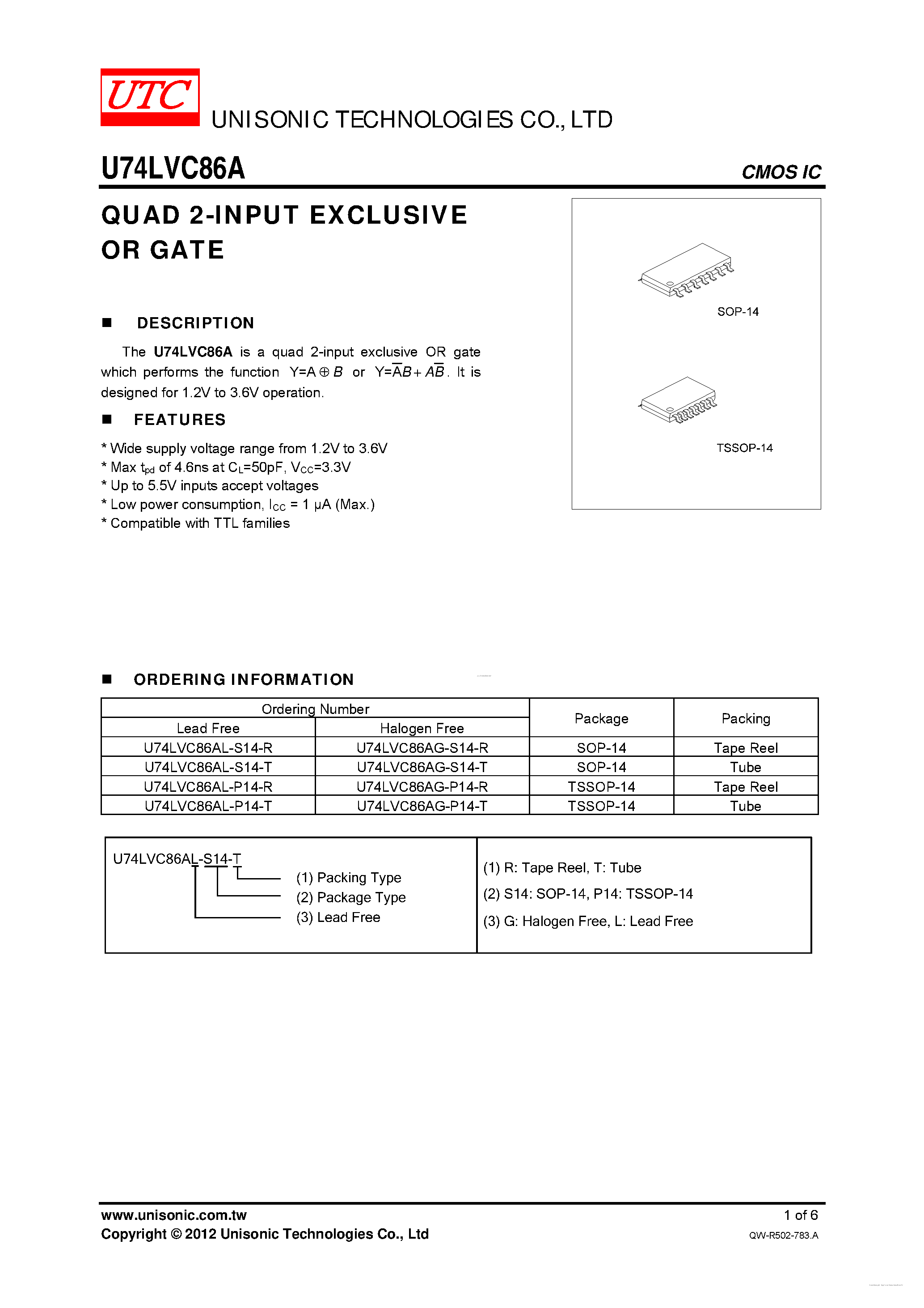 Datasheet U74LVC86A page 1 Datasheet U74LVC86A - QUAD 2-INPUT EXCLUSIVE OR GATE page 1