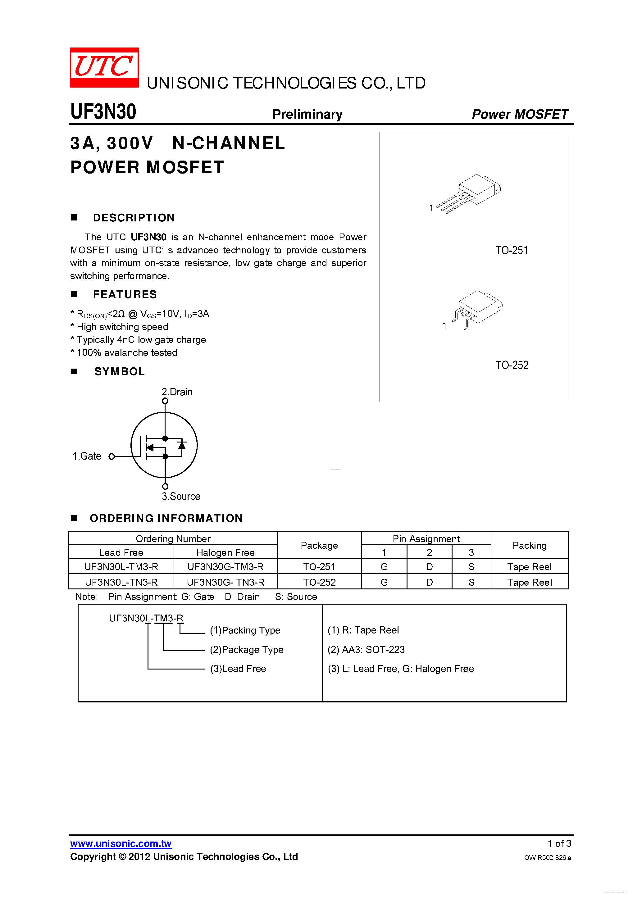 Datasheet UF3N30 - 300V N-CHANNEL POWER MOSFET page 1