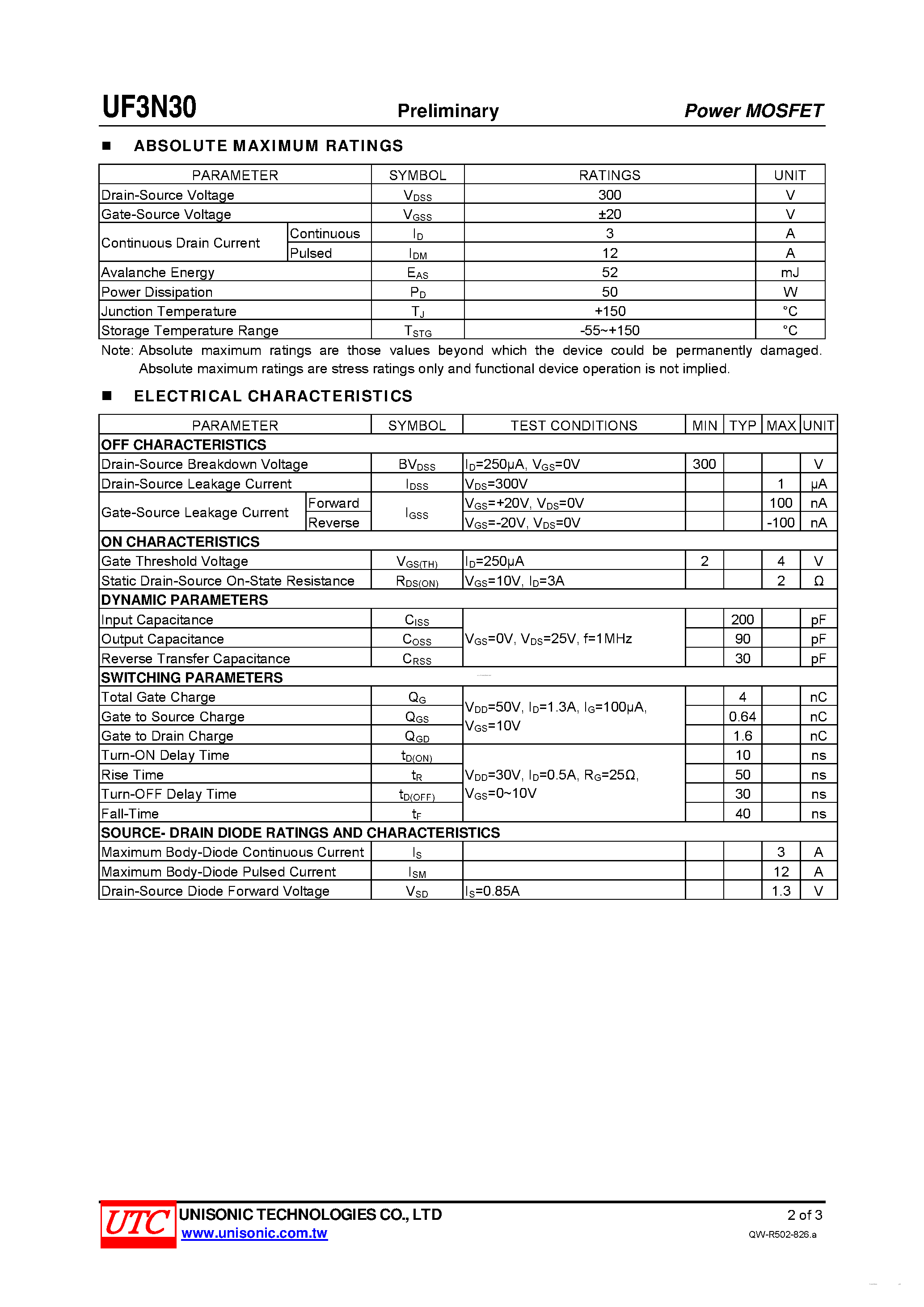 Datasheet UF3N30 - 300V N-CHANNEL POWER MOSFET page 2