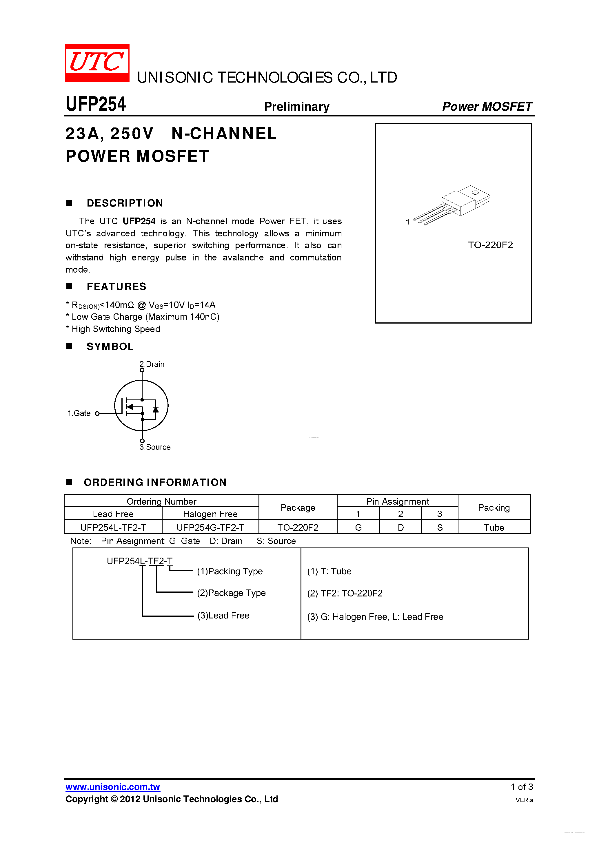 Datasheet UFP254 - 250V N-CHANNEL POWER MOSFET page 1
