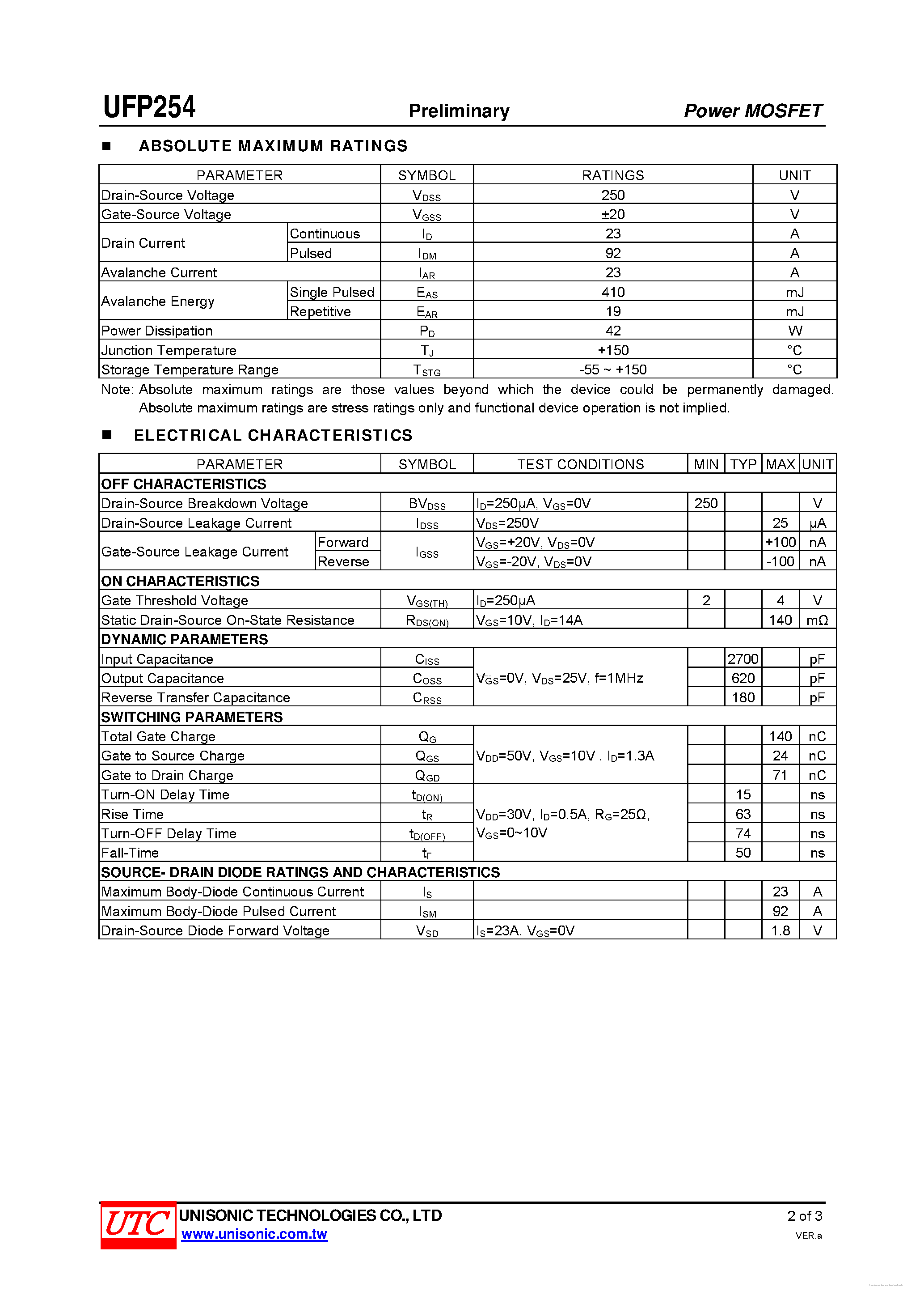 Datasheet UFP254 - 250V N-CHANNEL POWER MOSFET page 2