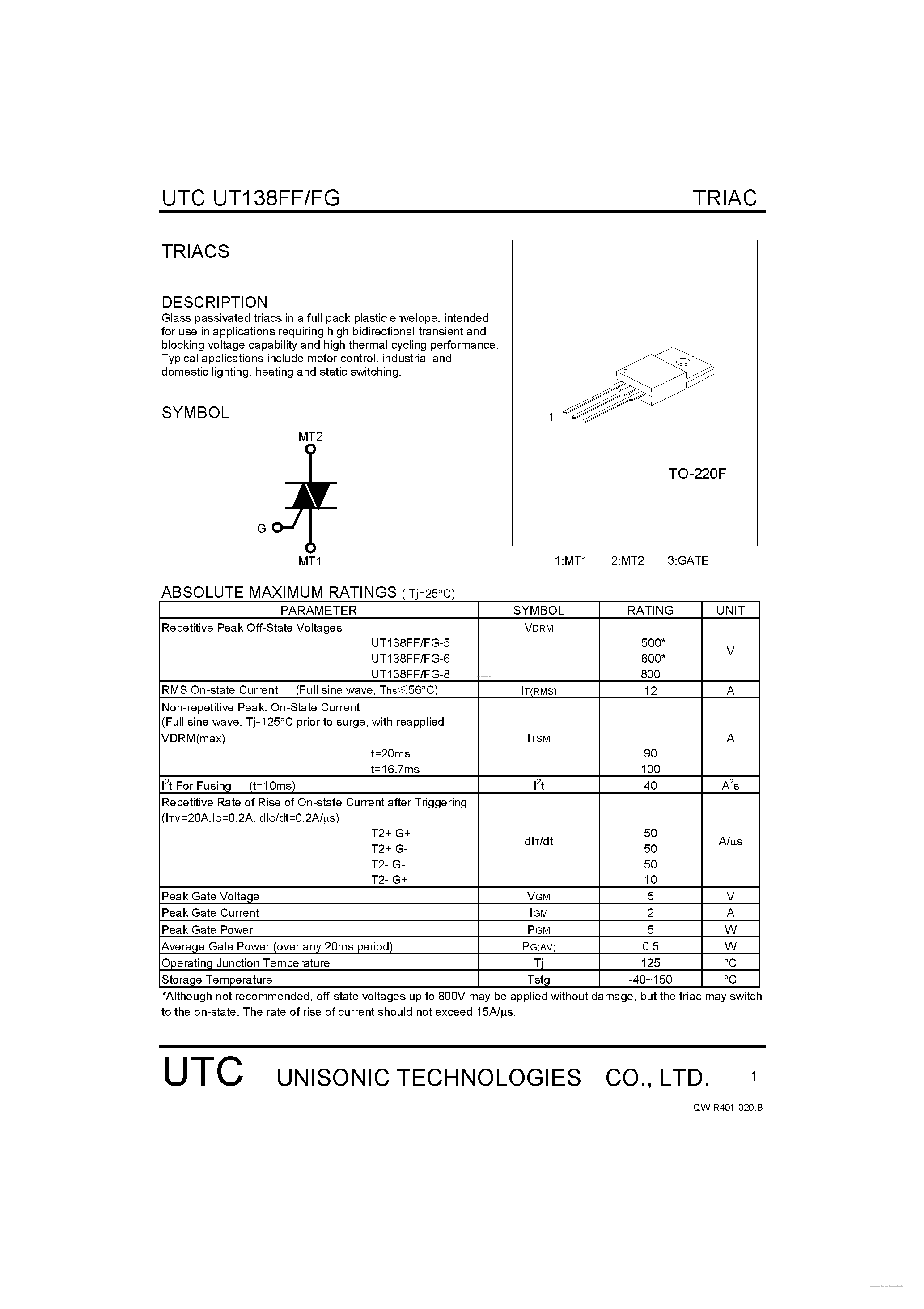 Datasheet UT138FF - TRIACS page 1