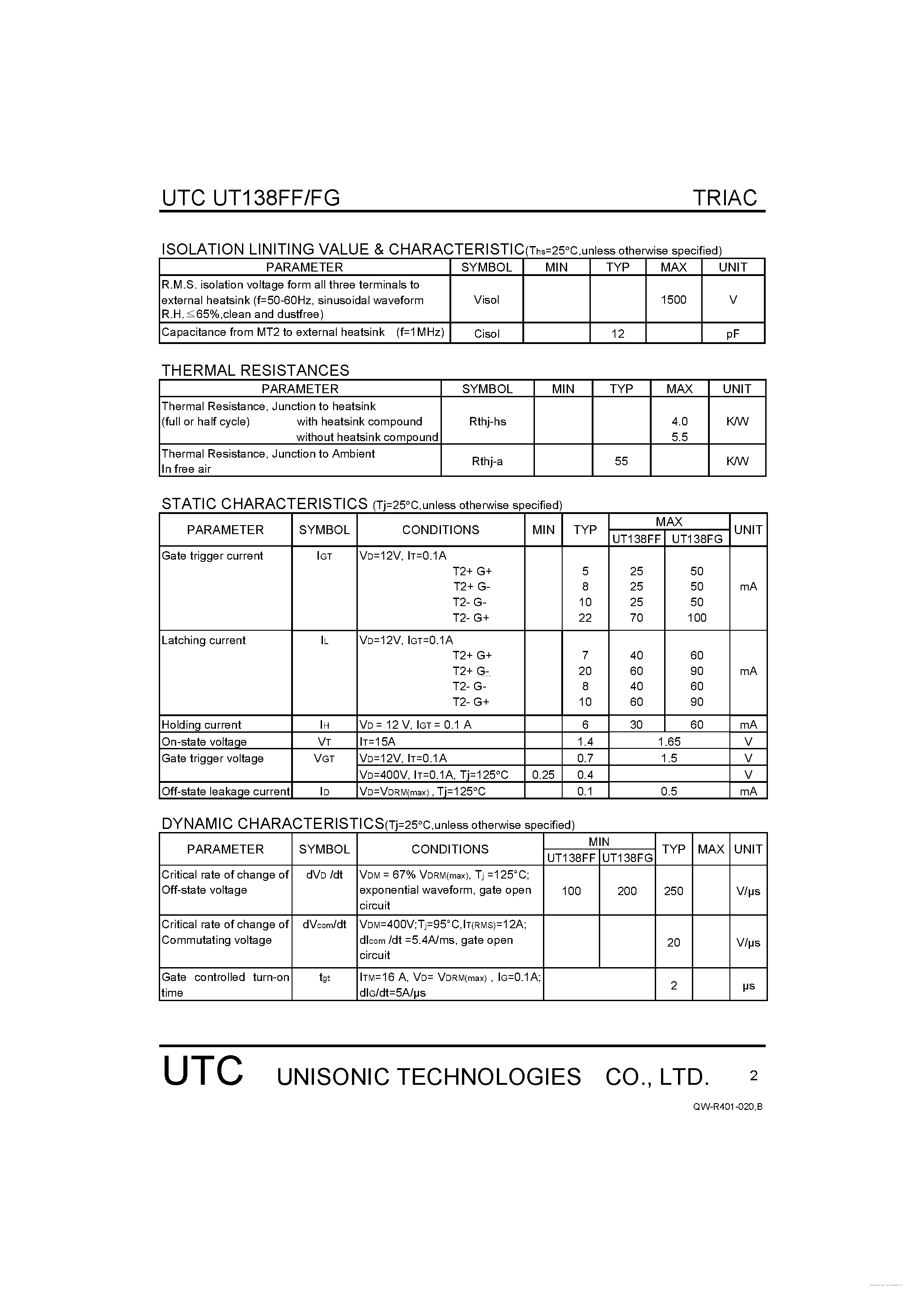 Datasheet UT138FF - TRIACS page 2