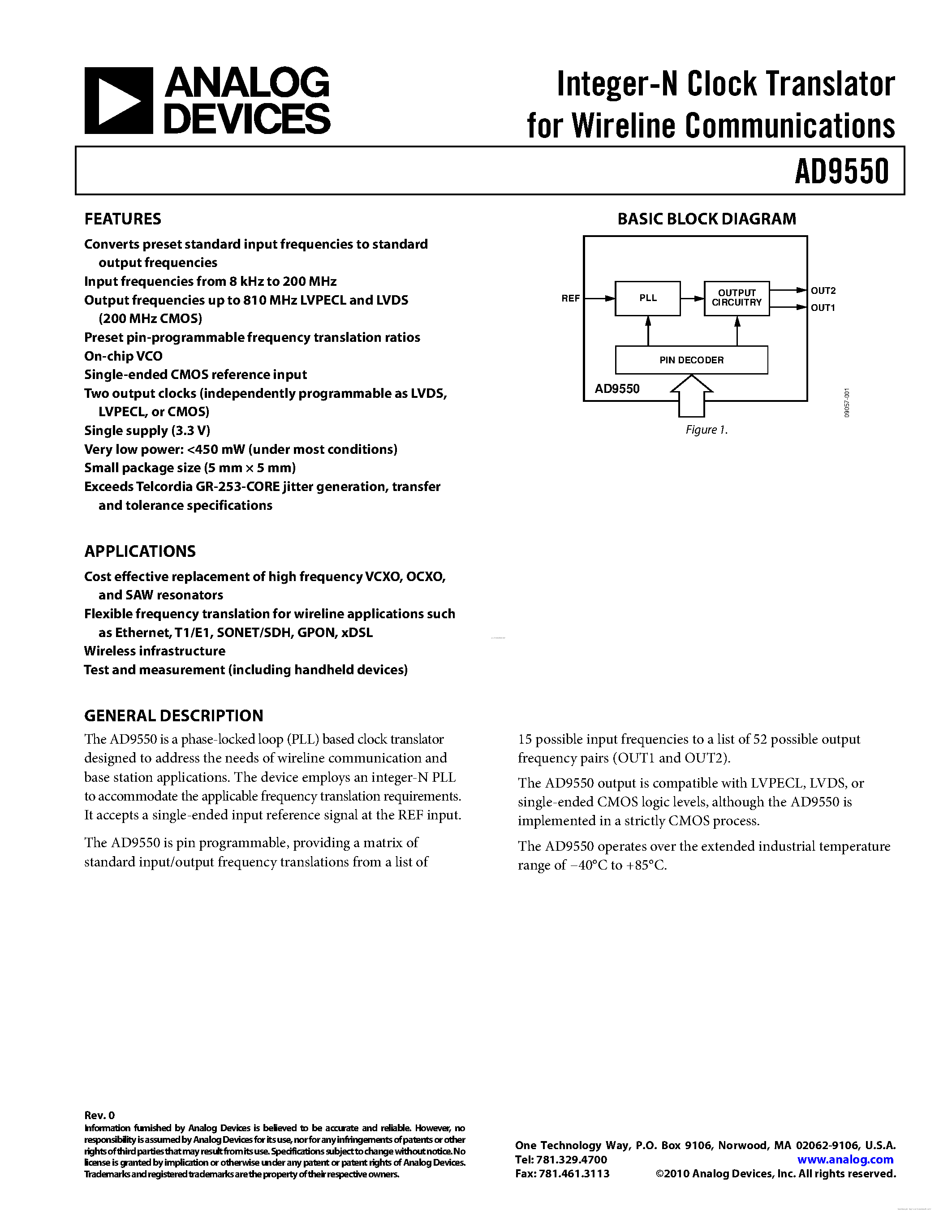 Даташит на микросхему AD9550 страница 1 Даташит AD9550 - страница 1