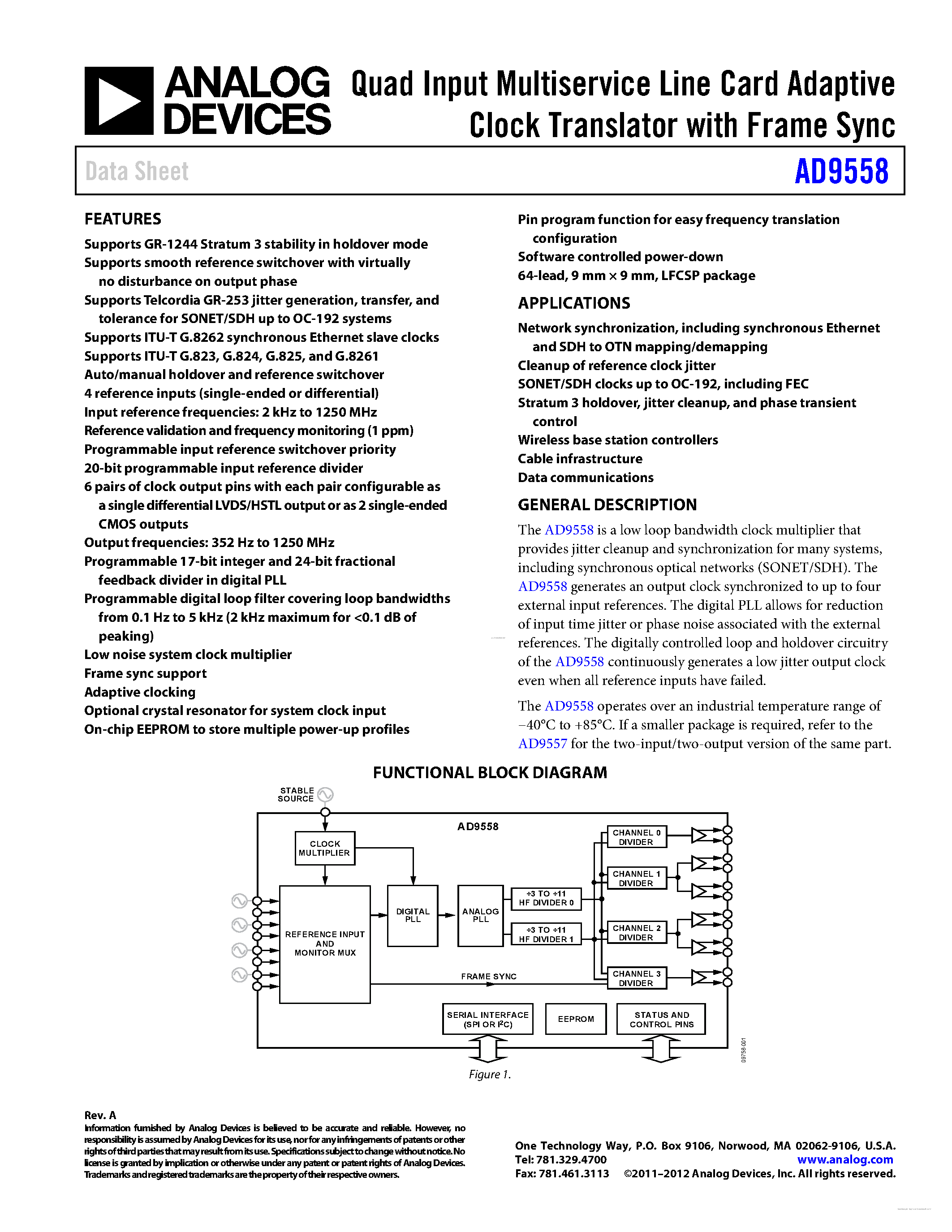 Даташит на микросхему AD9558 страница 1 Даташит AD9558 - страница 1
