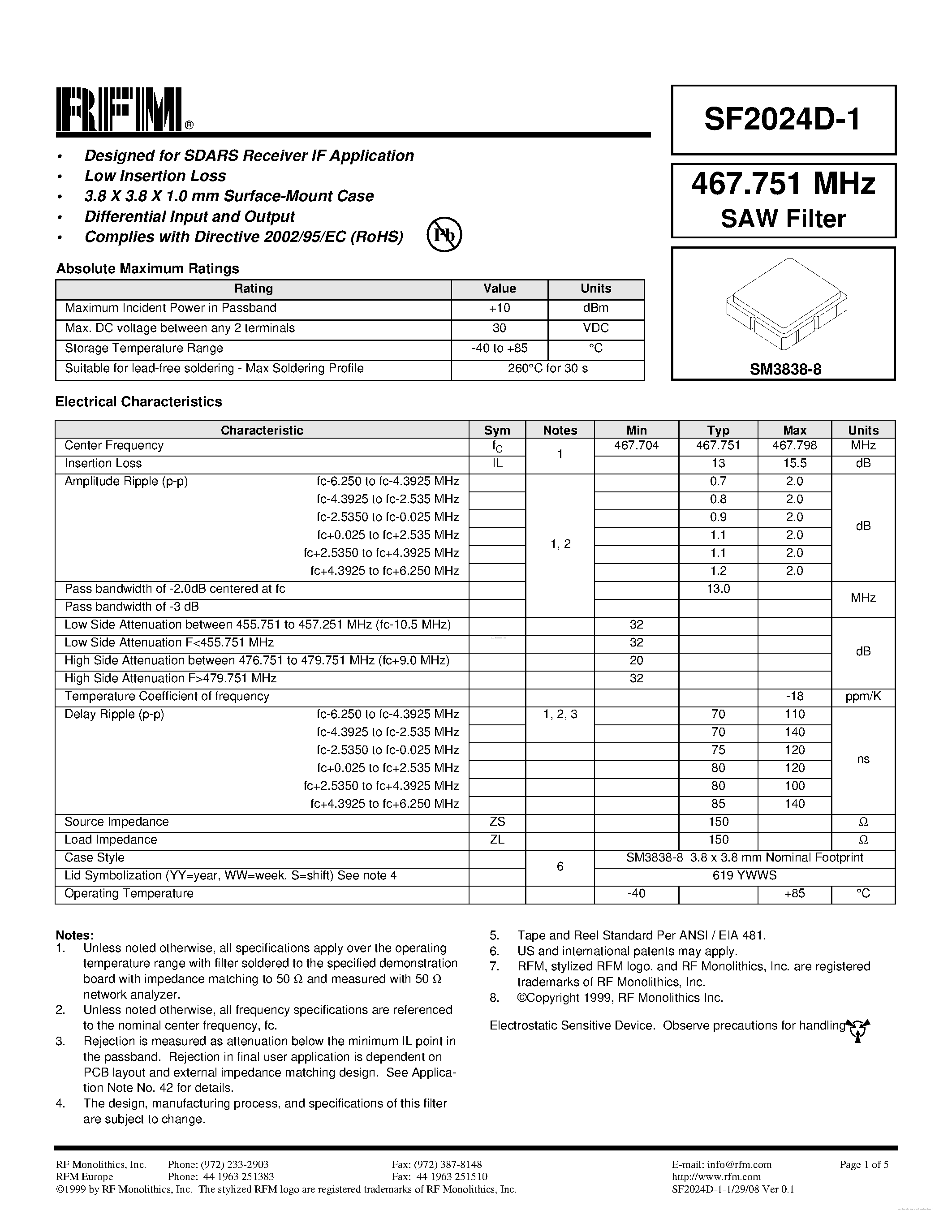 Datasheet SF2024D-1 - SAW Filter page 1