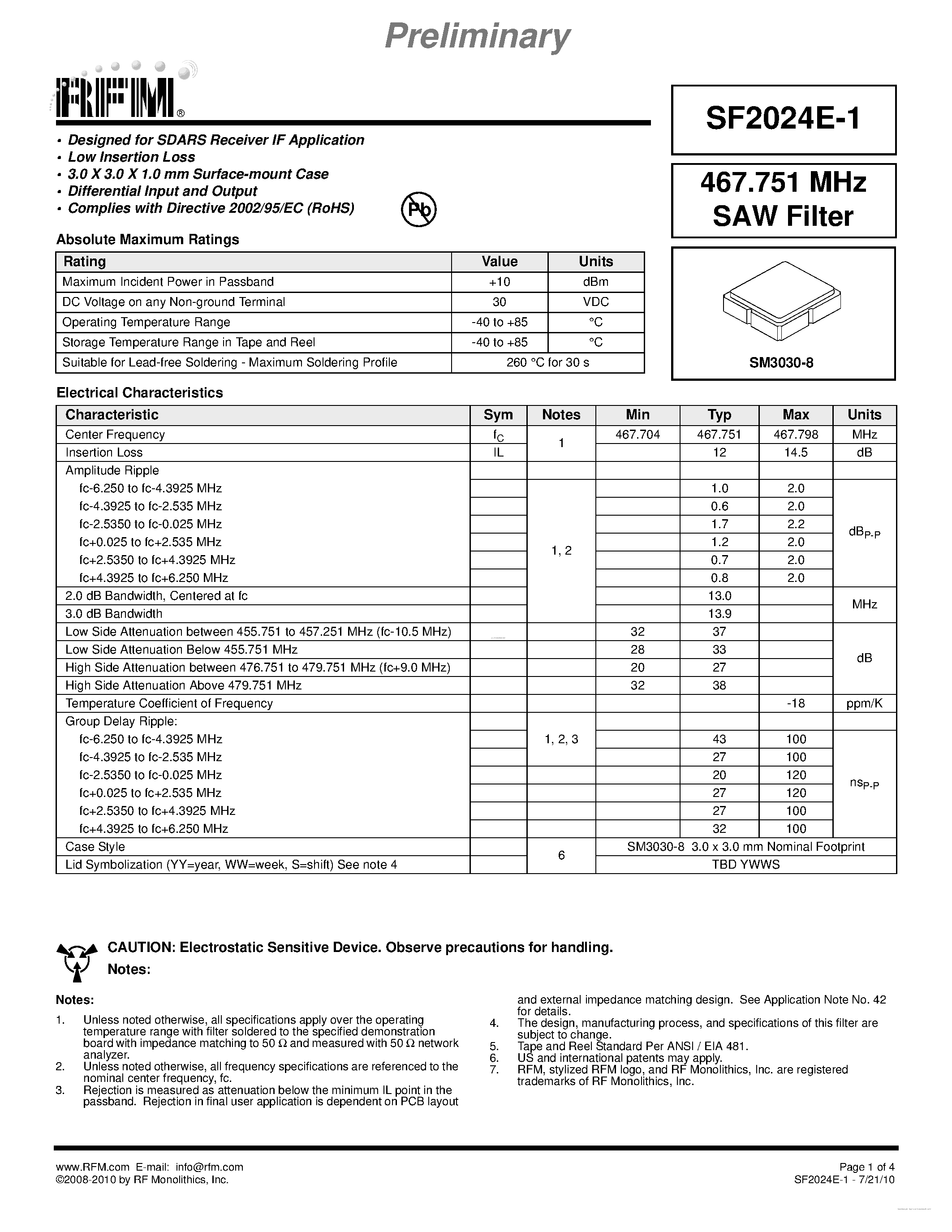 Datasheet SF2024E-1 - SAW Filter page 1