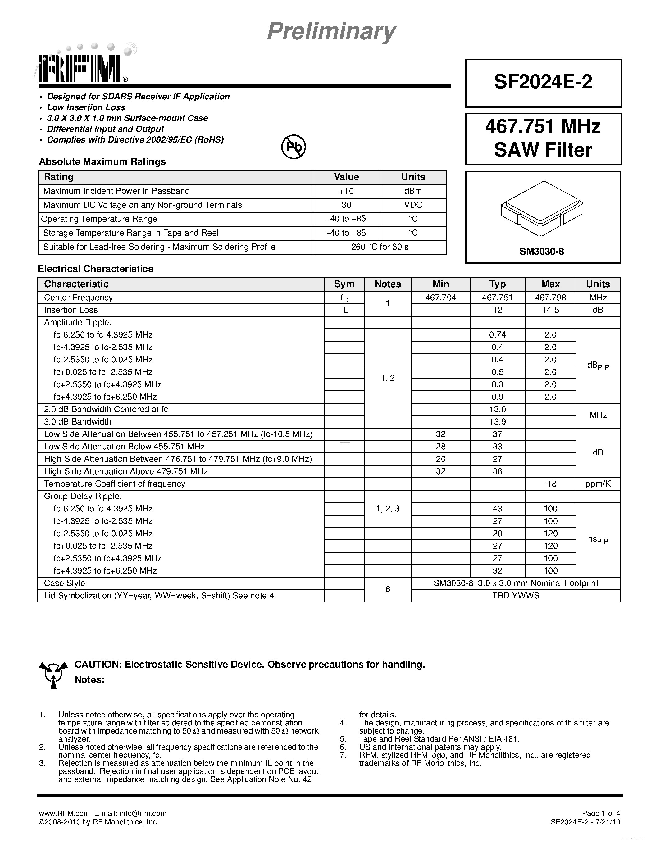 Datasheet SF2024E-2 - SAW Filter page 1
