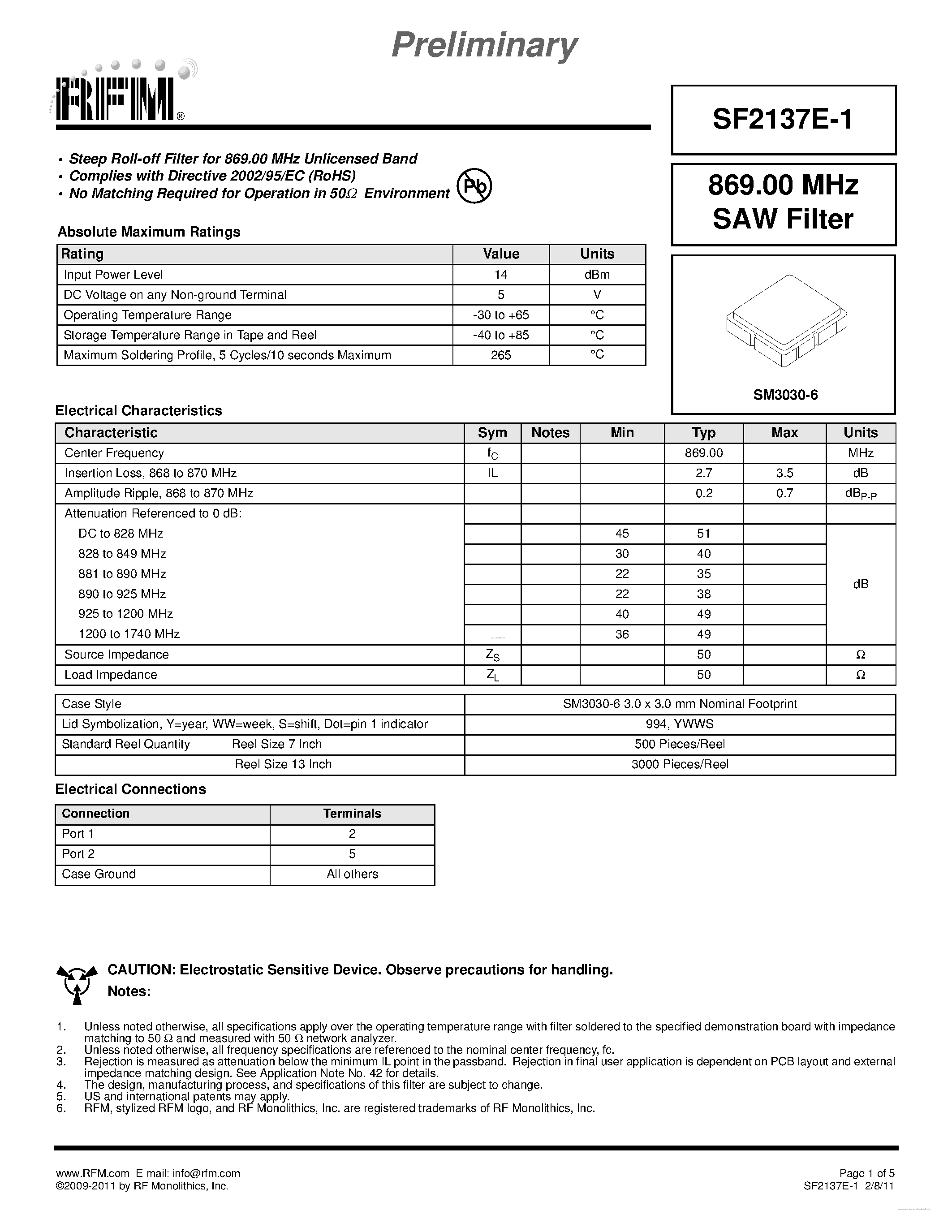 Datasheet SF2137E-1 page 1 Datasheet SF2137E-1 - SAW Filter page 1