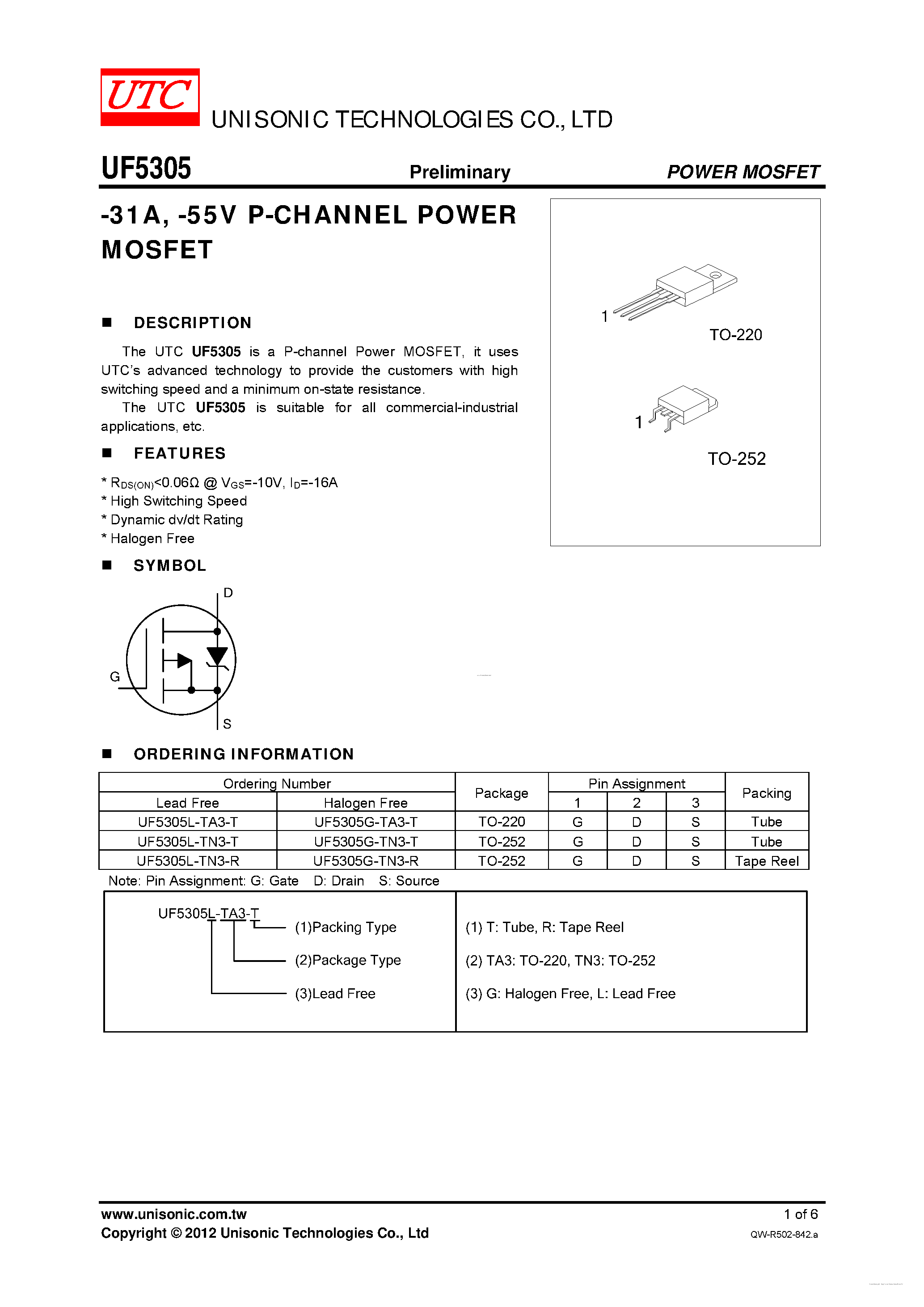 Даташит UF5305 - P-CHANNEL POWER MOSFET страница 1
