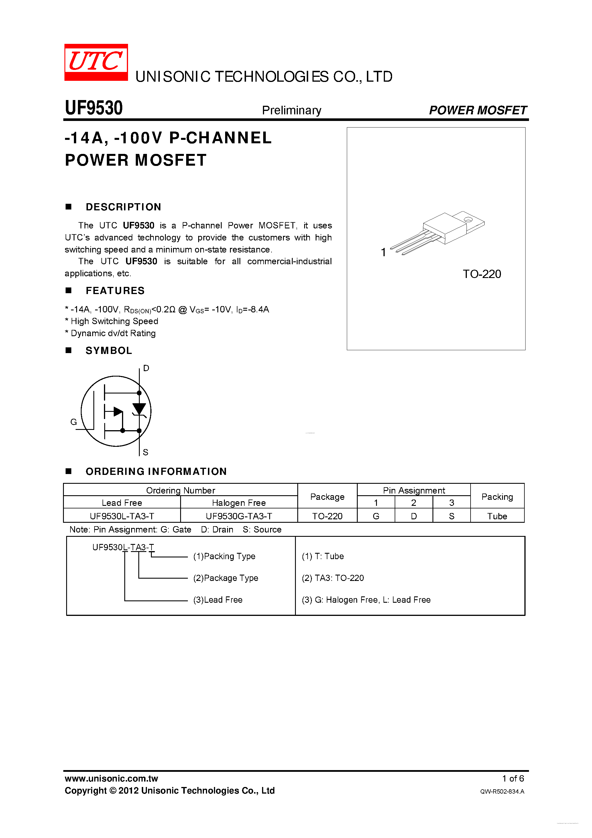 Datasheet UF9530 - P-CHANNEL POWER MOSFET page 1