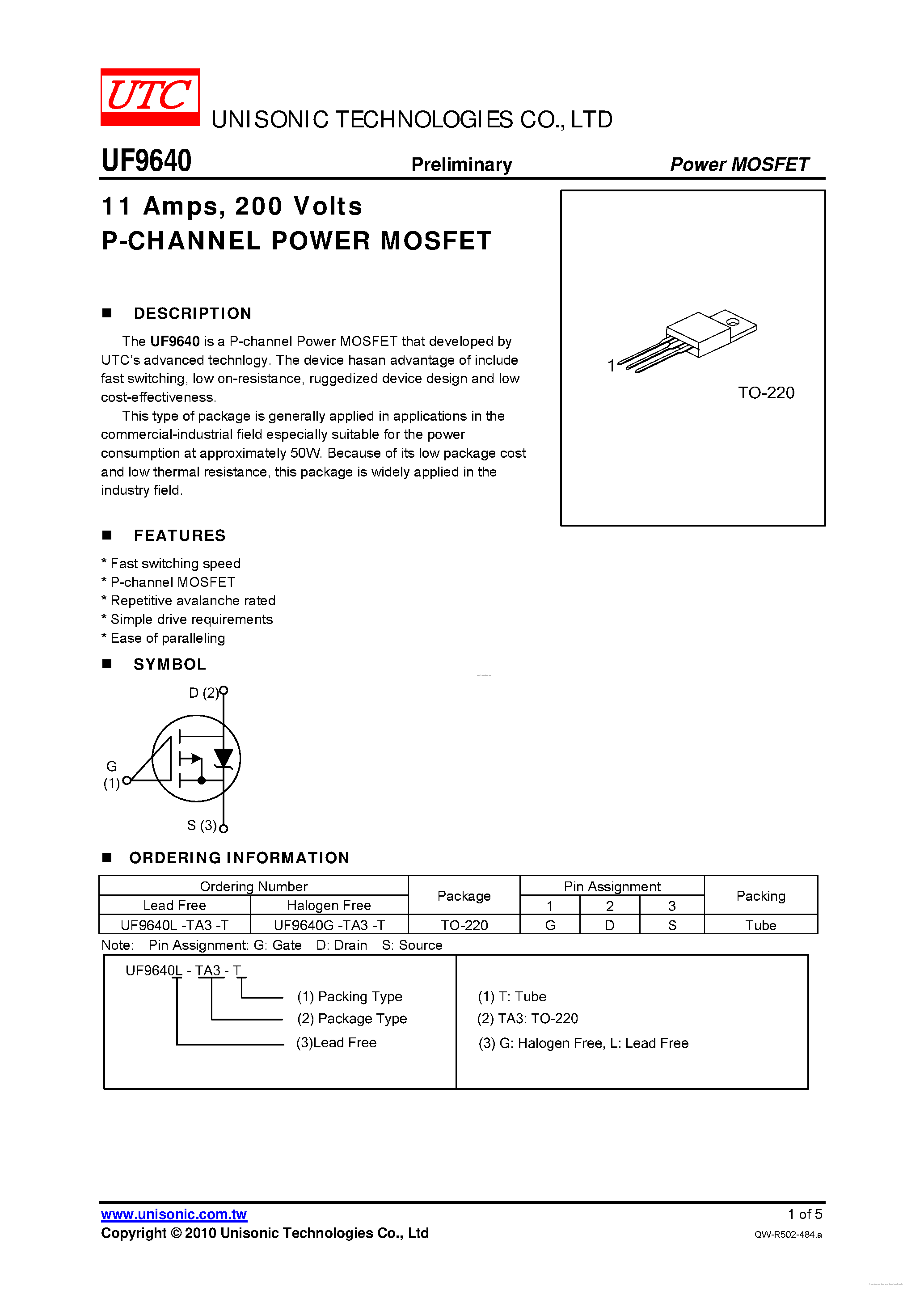 Datasheet UF9640 - 200 Volts P-CHANNEL POWER MOSFET page 1