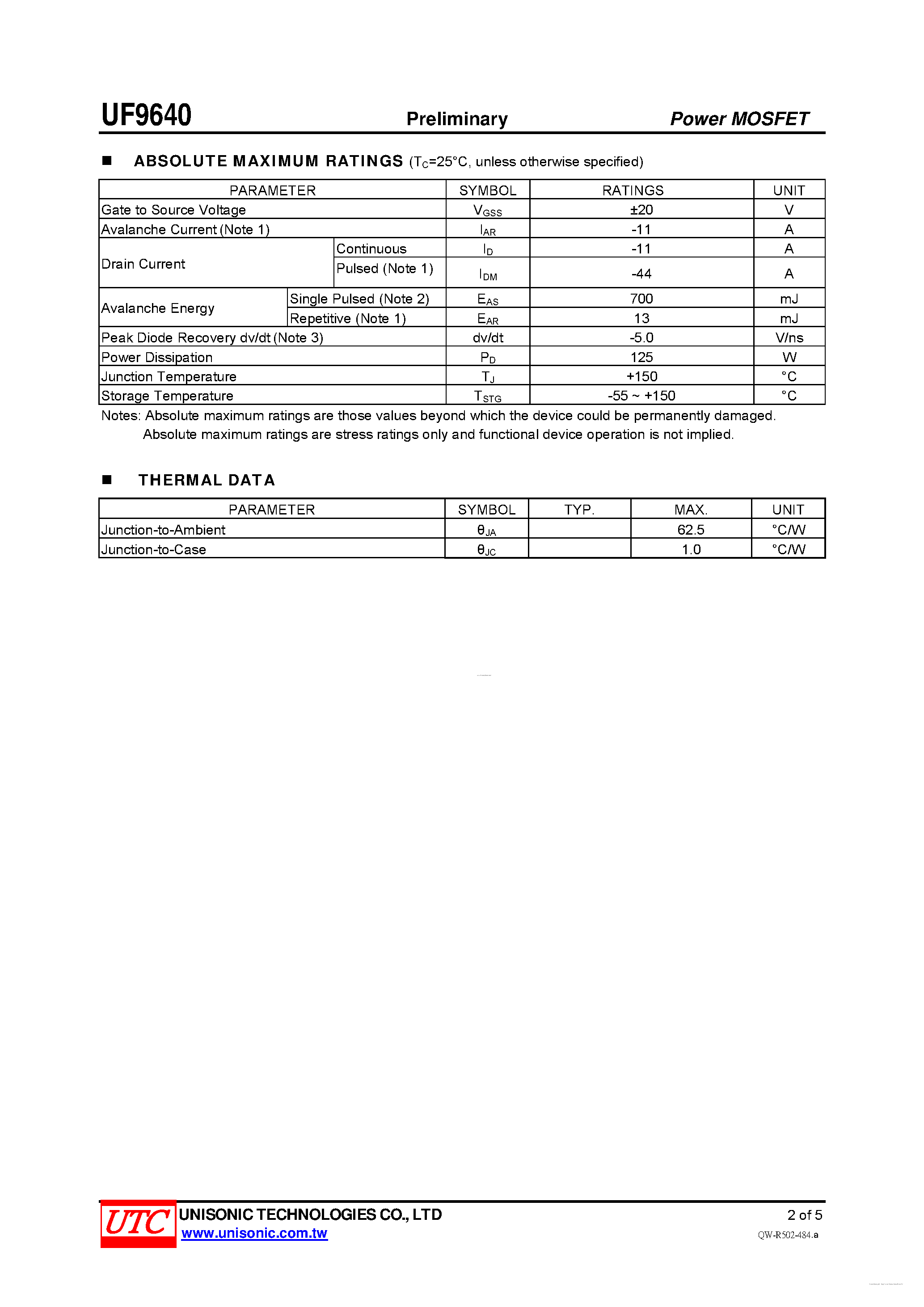 Даташит UF9640 - 200 Volts P-CHANNEL POWER MOSFET страница 2