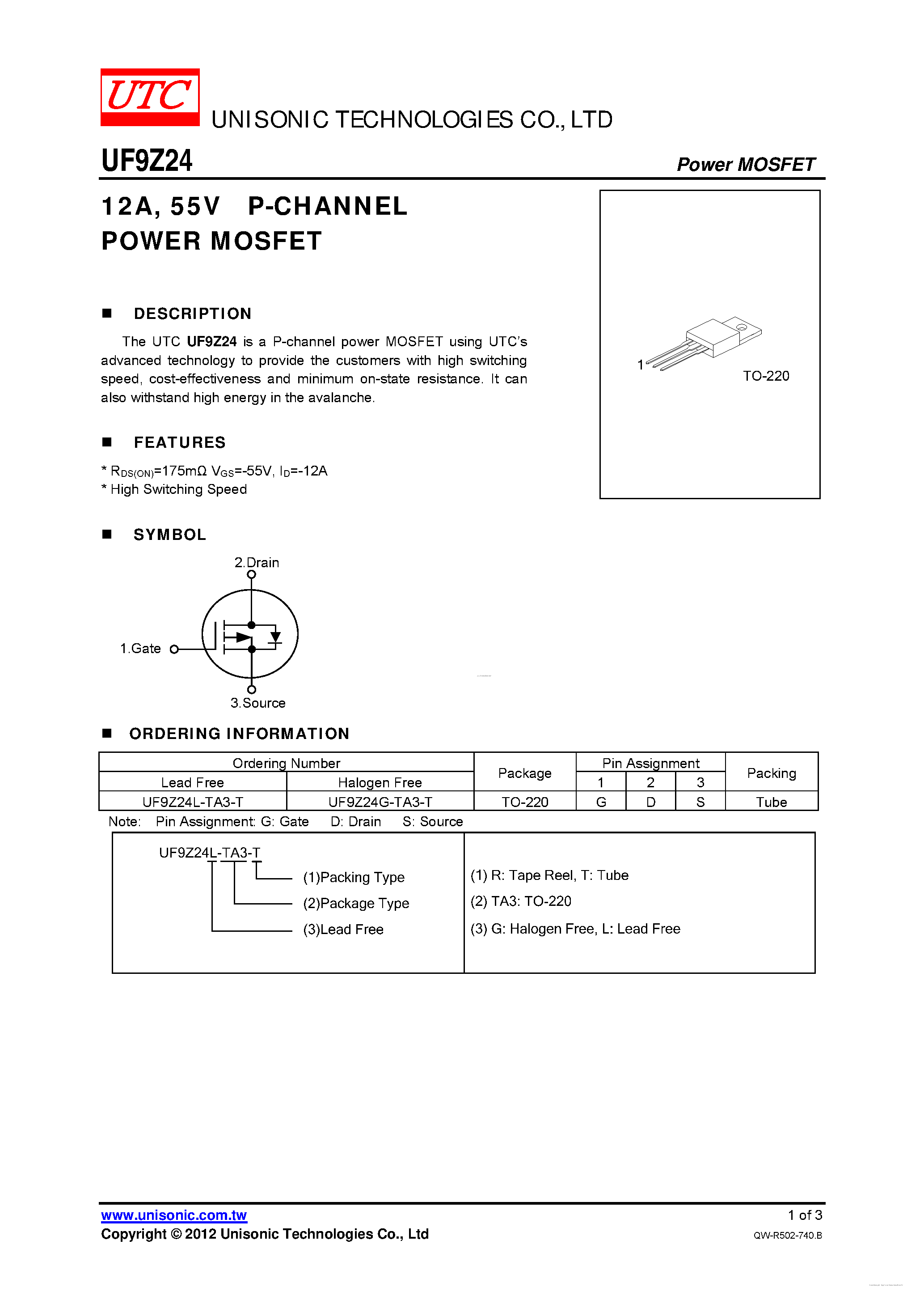 Datasheet UF9Z24 - 55V P-CHANNEL POWER MOSFET page 1