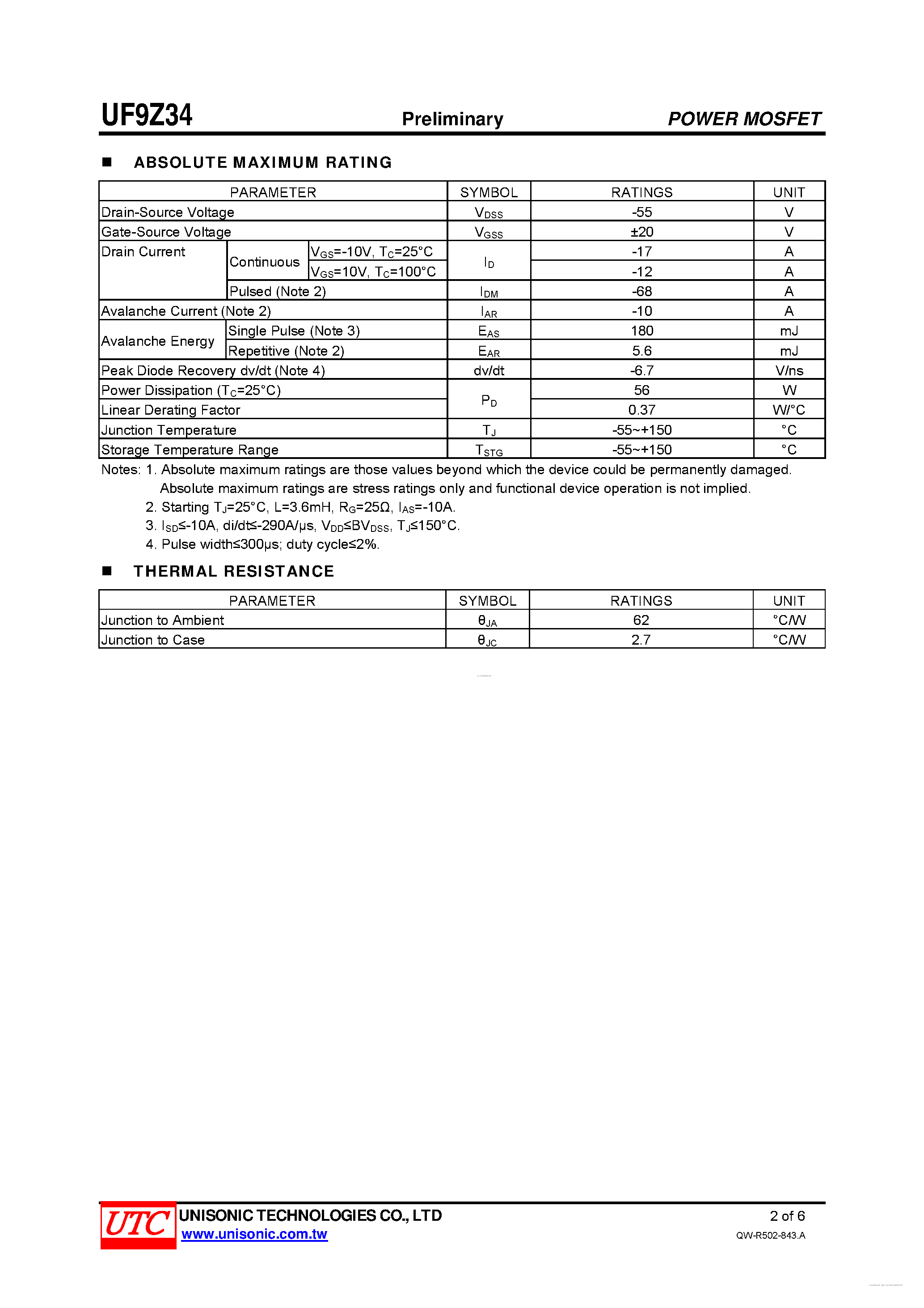 Datasheet UF9Z34 - P-CHANNEL POWER MOSFET page 2