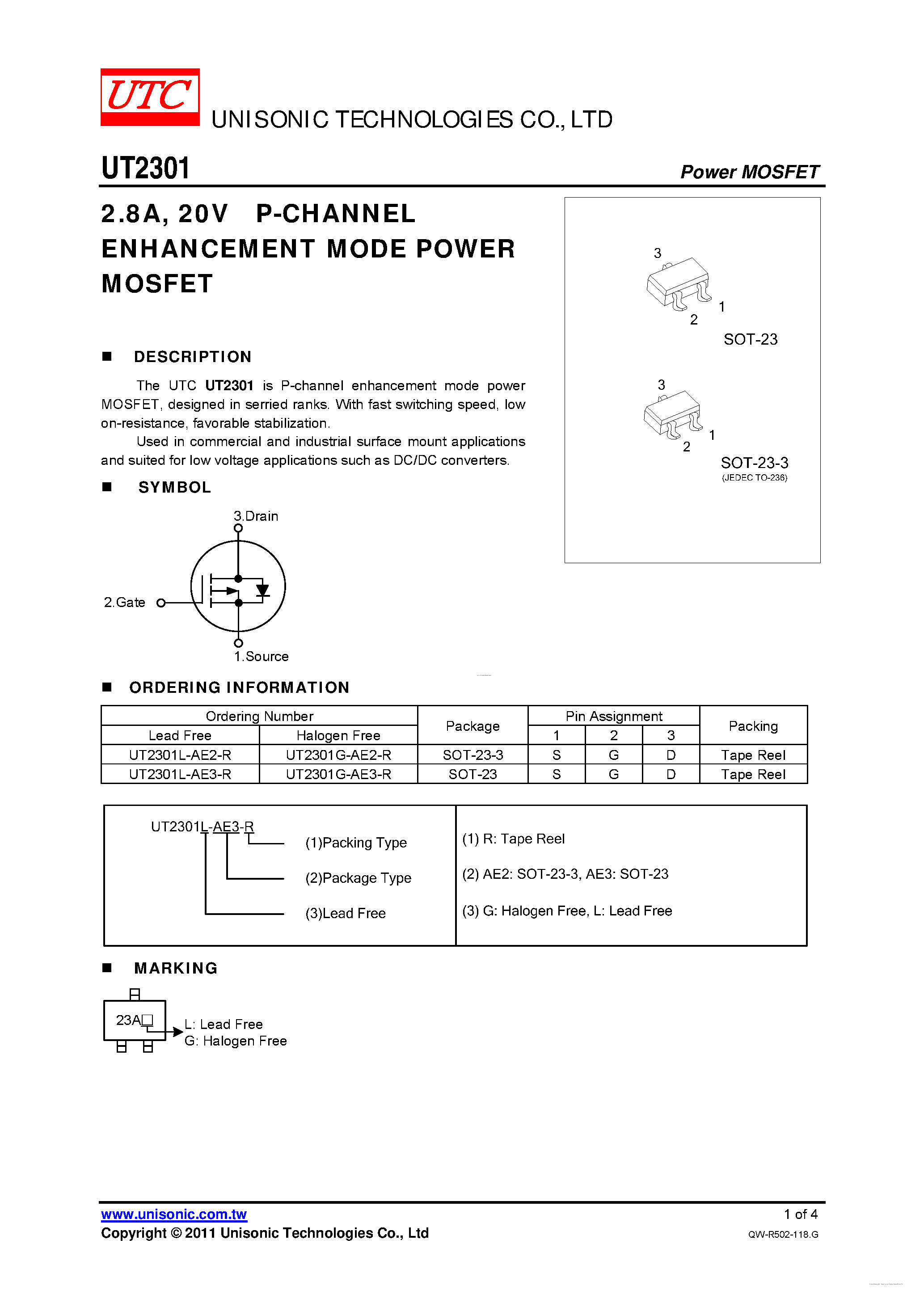 Datasheet UT2301 page 1 Datasheet UT2301 - 20V P-CHANNEL ENHANCEMENT MODE POWER MOSFET page 1