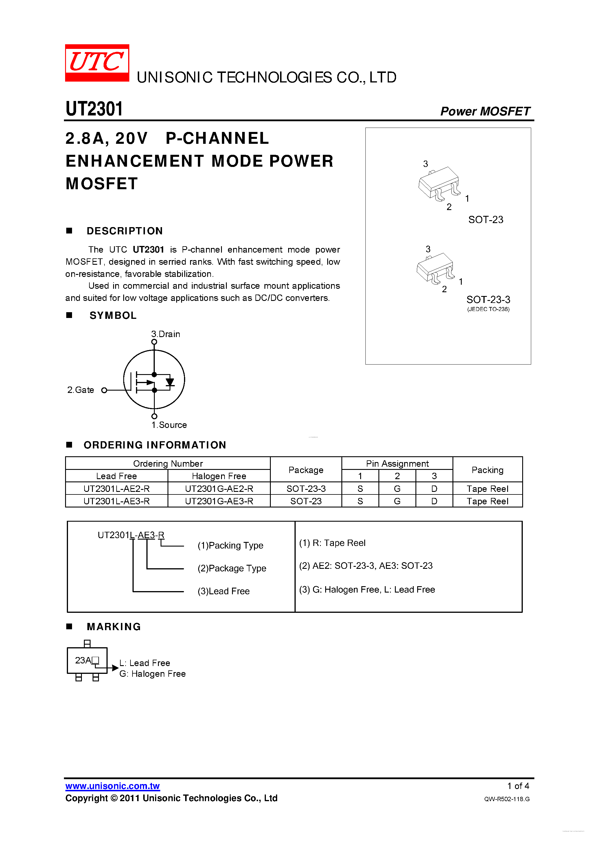 Даташит UT2301 - 20V P-CHANNEL ENHANCEMENT MODE POWER MOSFET страница 1