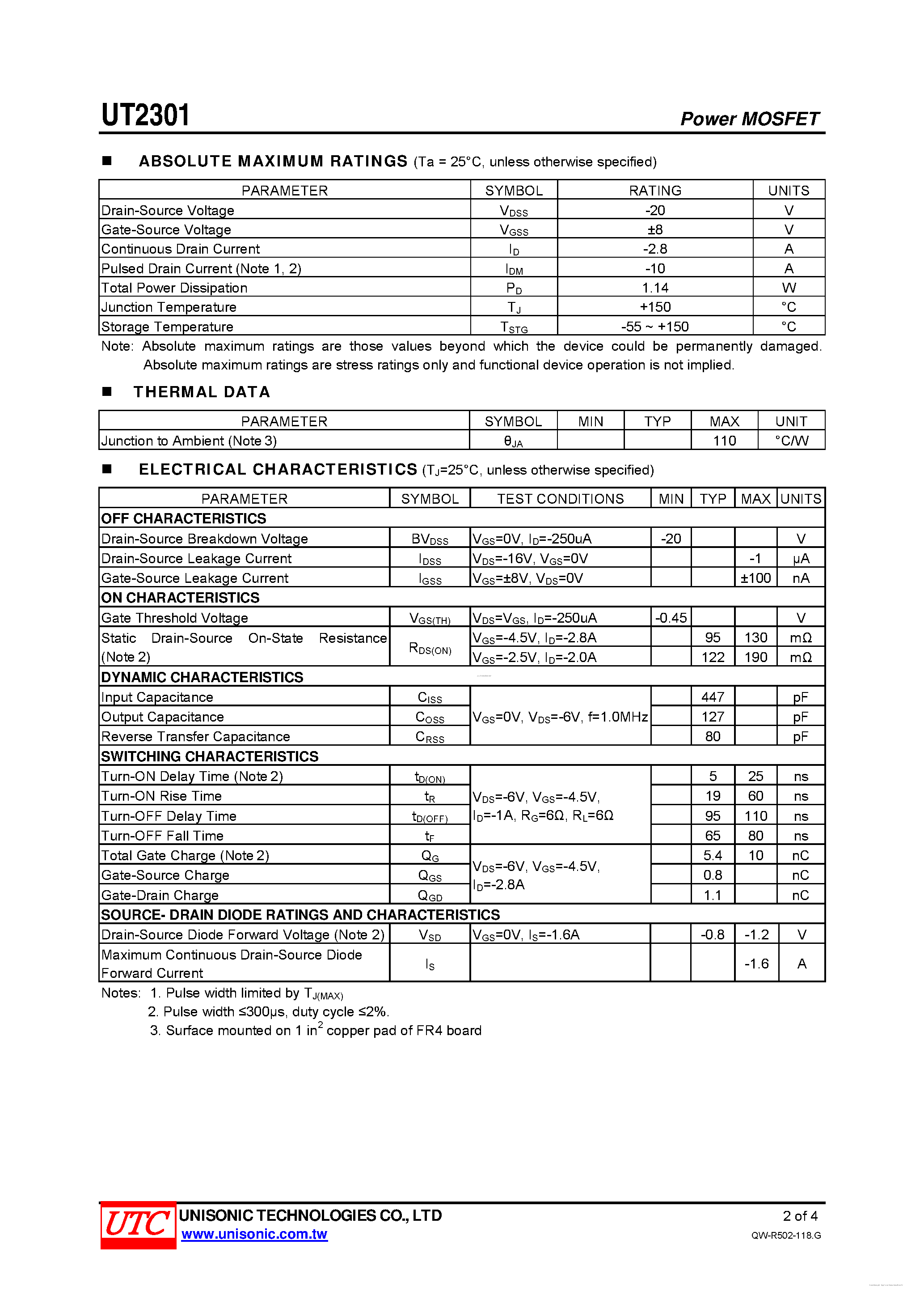 Datasheet UT2301 - 20V P-CHANNEL ENHANCEMENT MODE POWER MOSFET page 2