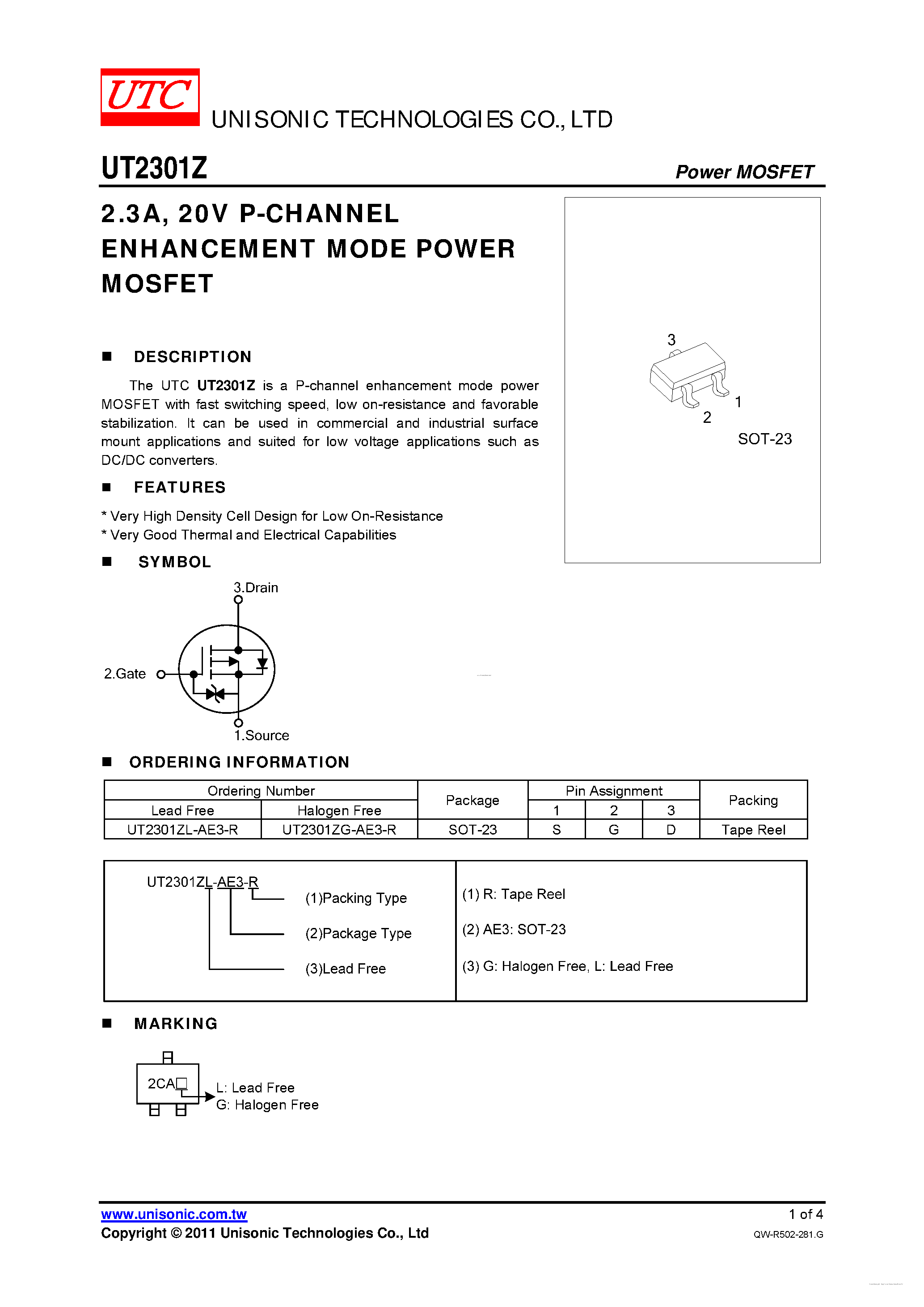 Datasheet UT2301Z - 20V P-CHANNEL ENHANCEMENT MODE POWER MOSFET page 1