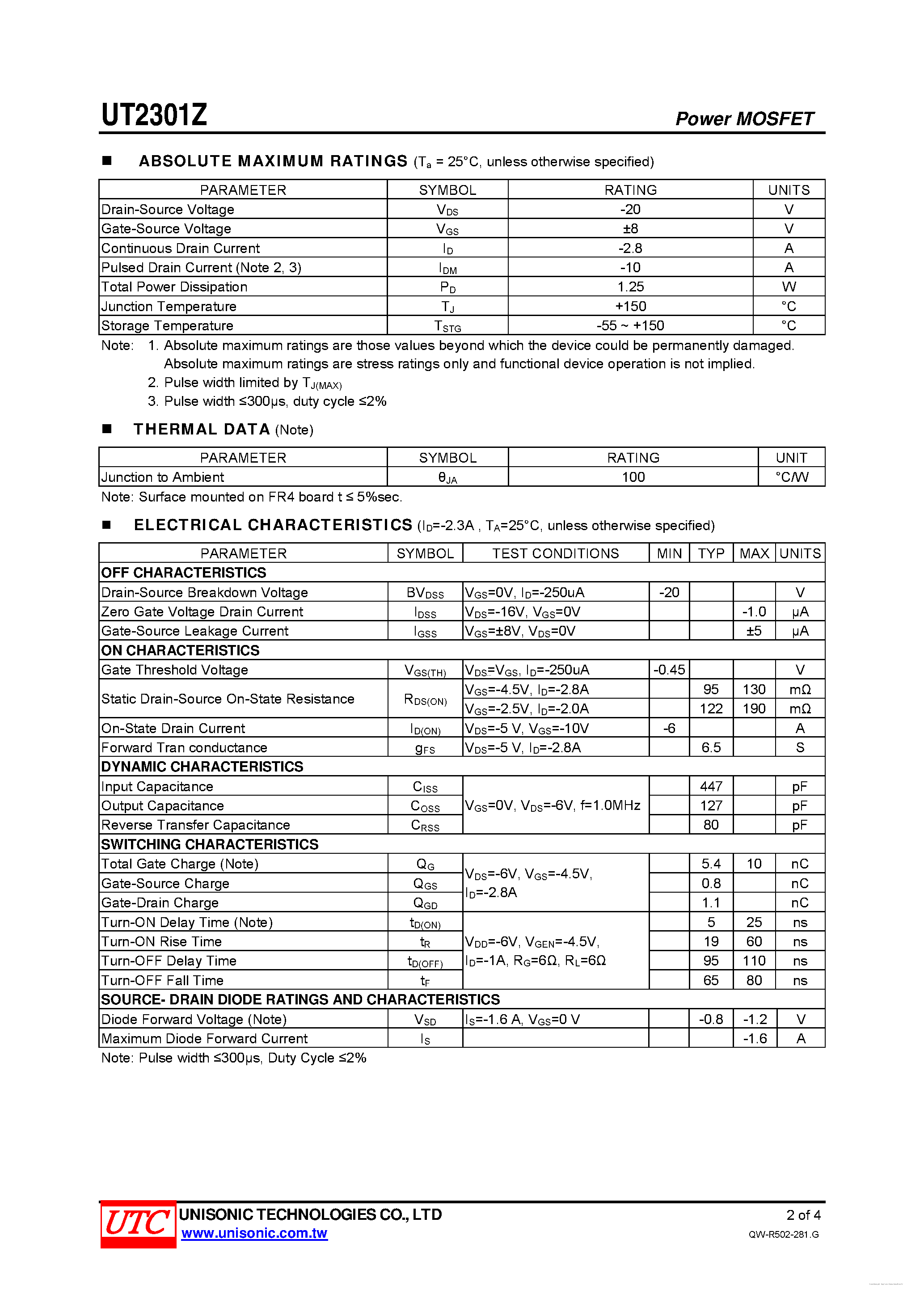 Datasheet UT2301Z - 20V P-CHANNEL ENHANCEMENT MODE POWER MOSFET page 2