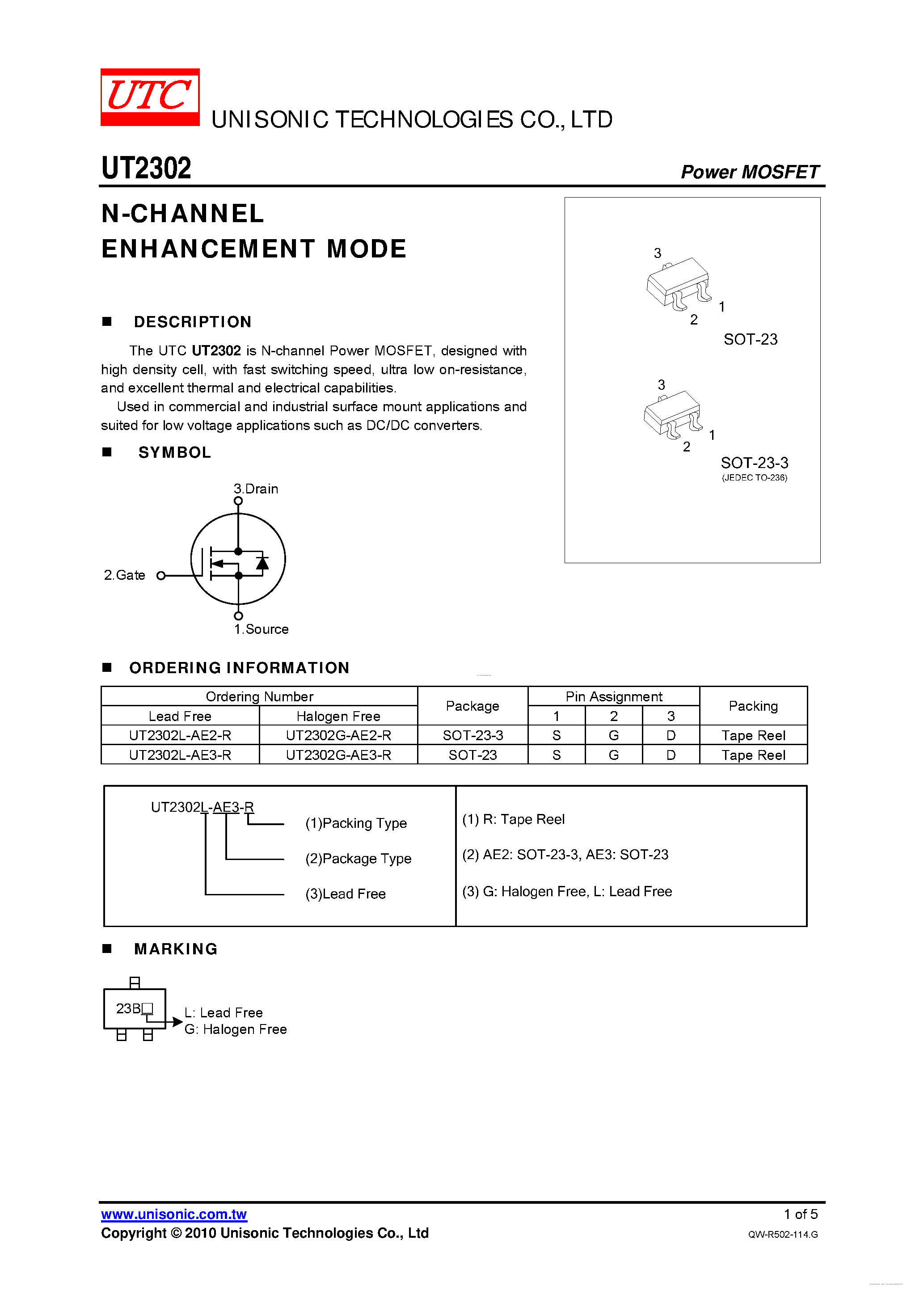 Datasheet UT2302 - N-CHANNEL ENHANCEMENT MODE page 1