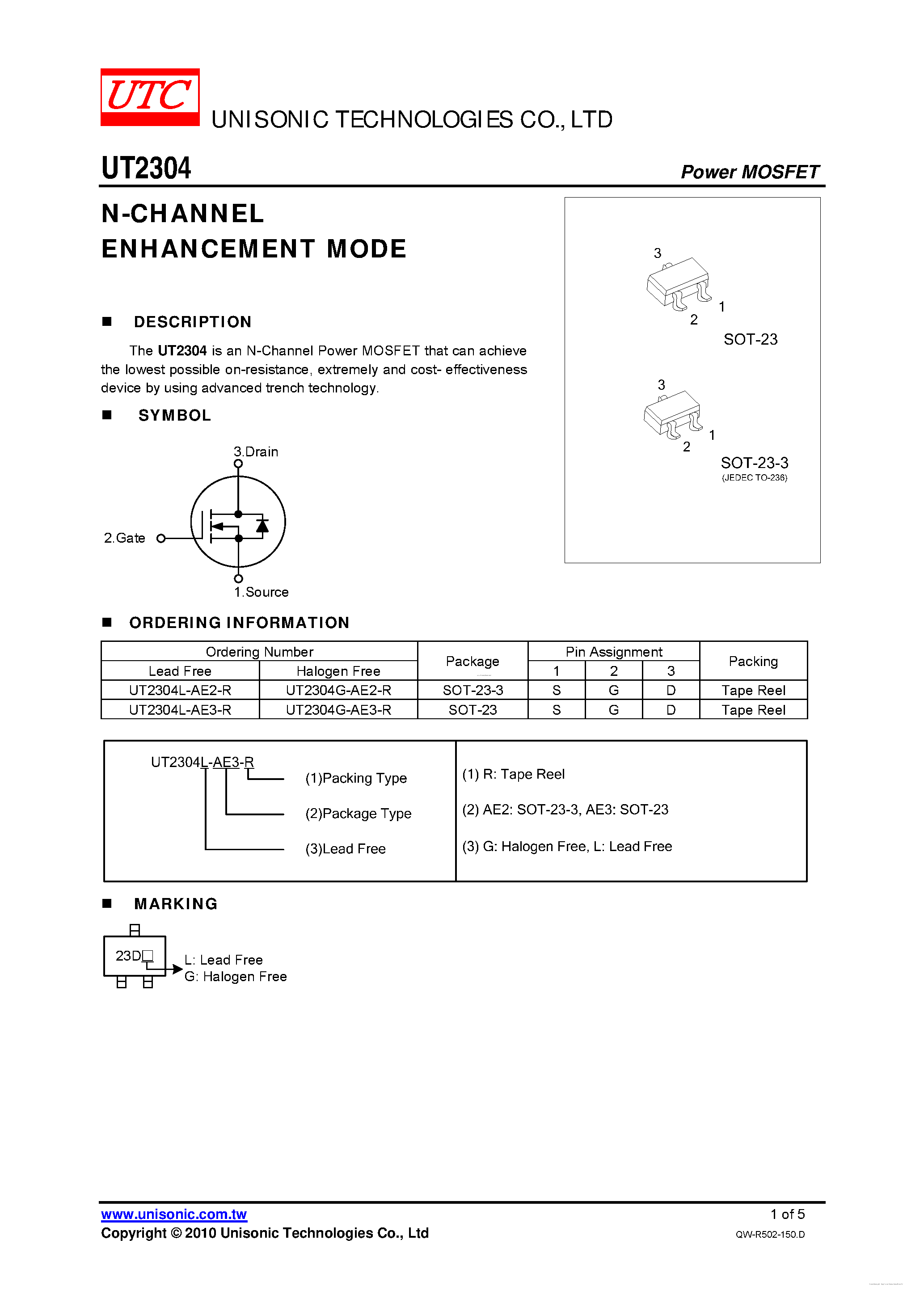 Datasheet UT2304 page 1 Datasheet UT2304 - N-CHANNEL ENHANCEMENT MODE page 1