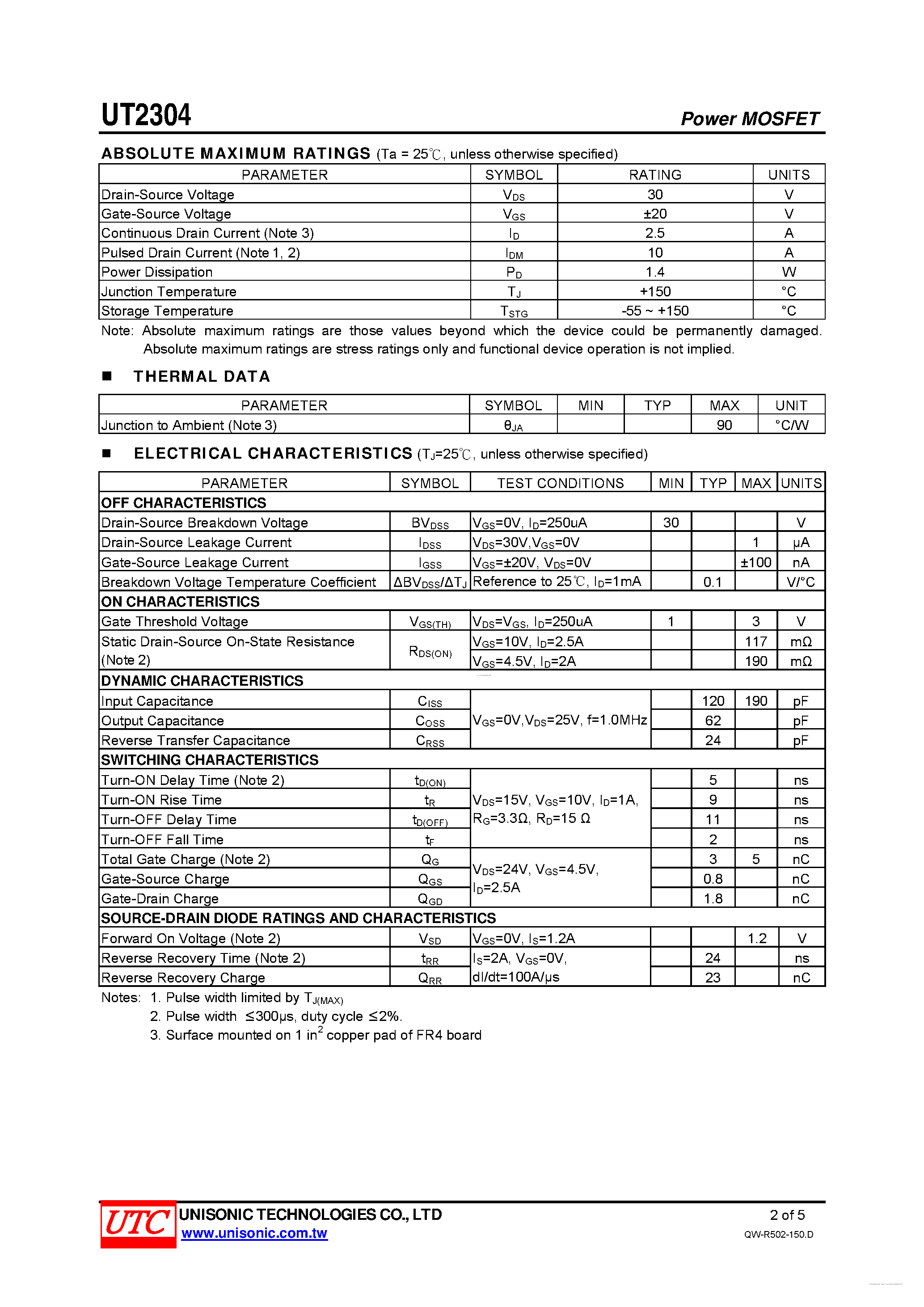 Datasheet UT2304 page 2 Datasheet UT2304 - N-CHANNEL ENHANCEMENT MODE page 2