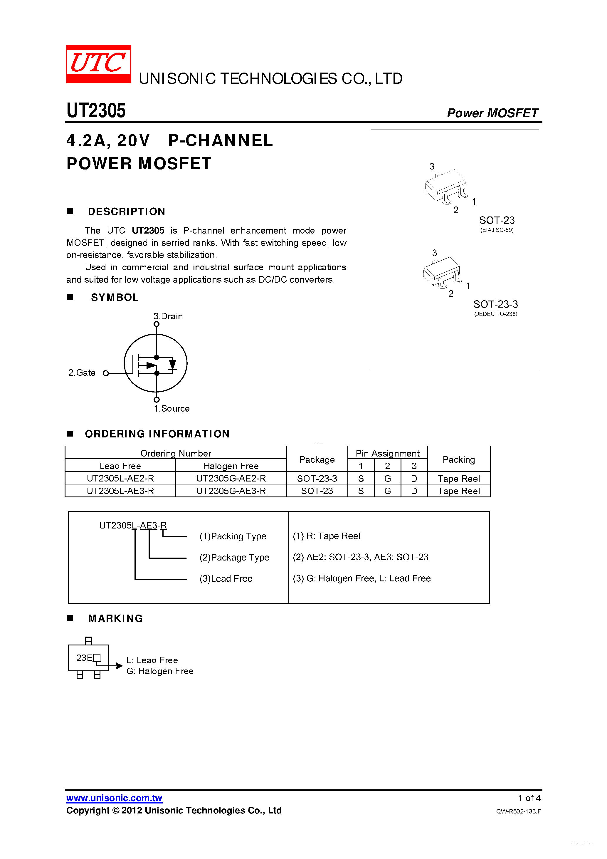 Datasheet UT2305 - 20V P-CHANNEL POWER MOSFET page 1