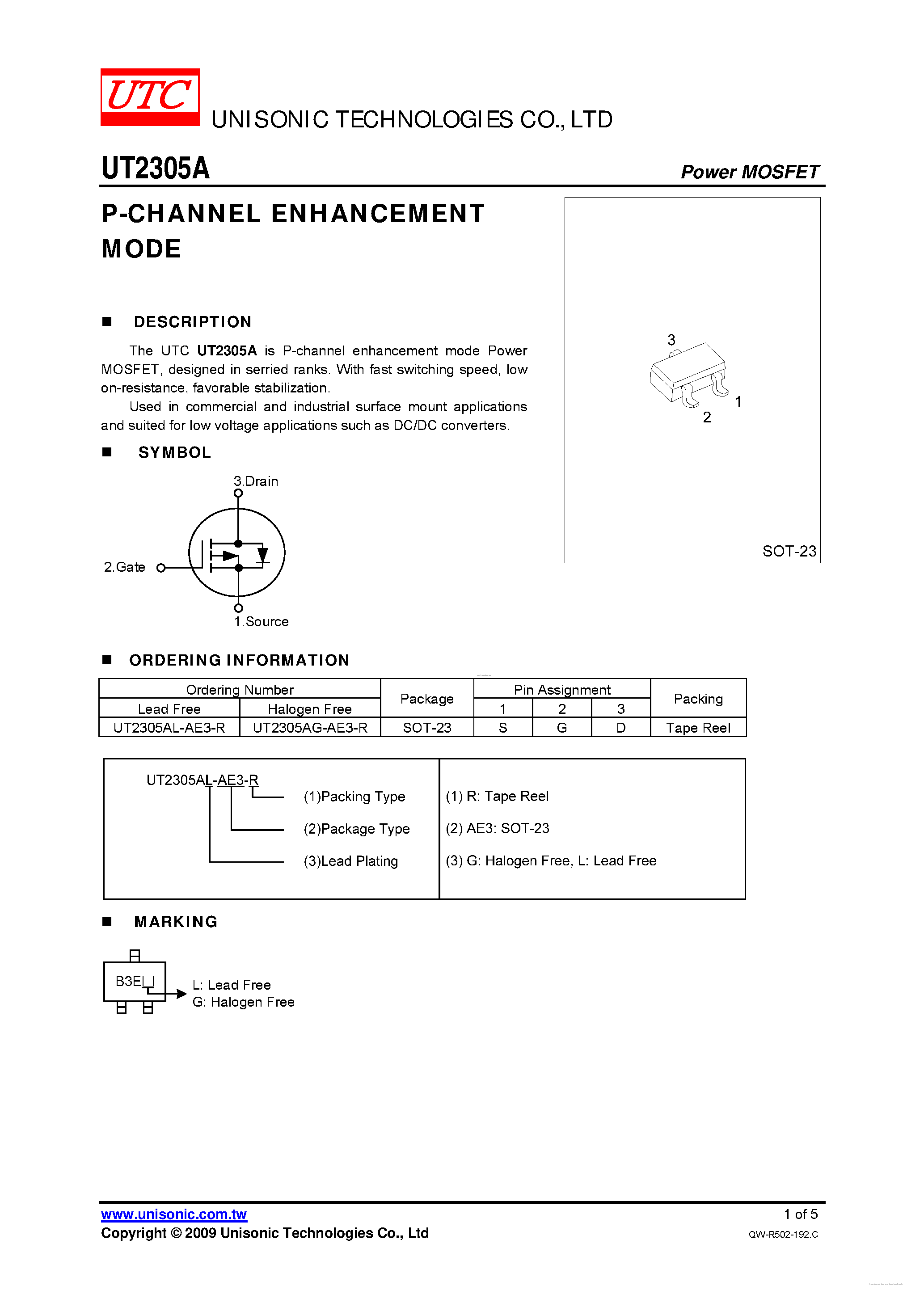 Datasheet UT2305A - P-CHANNEL ENHANCEMENT MODE page 1