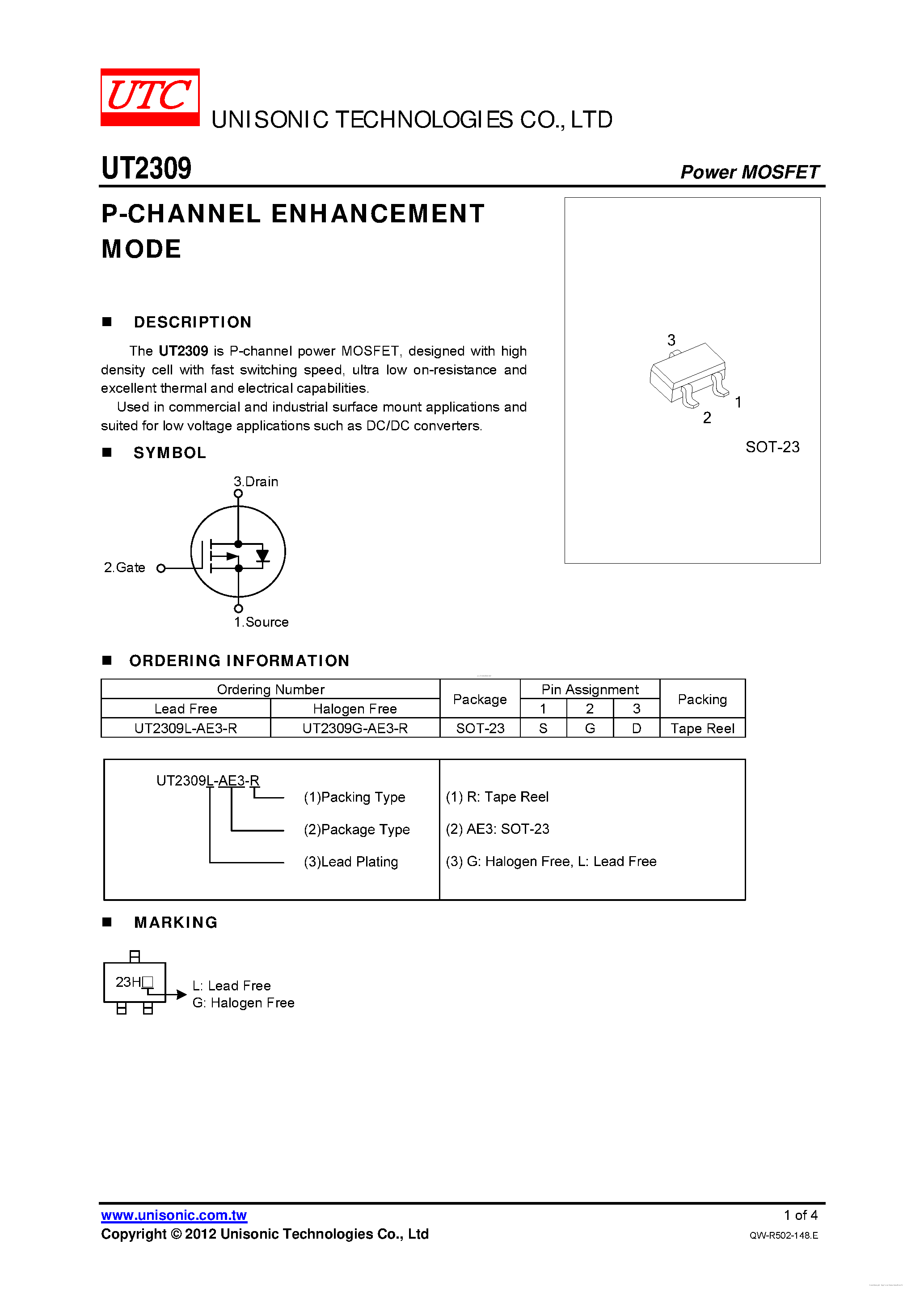 Datasheet UT2309 - P-CHANNEL ENHANCEMENT MODE page 1