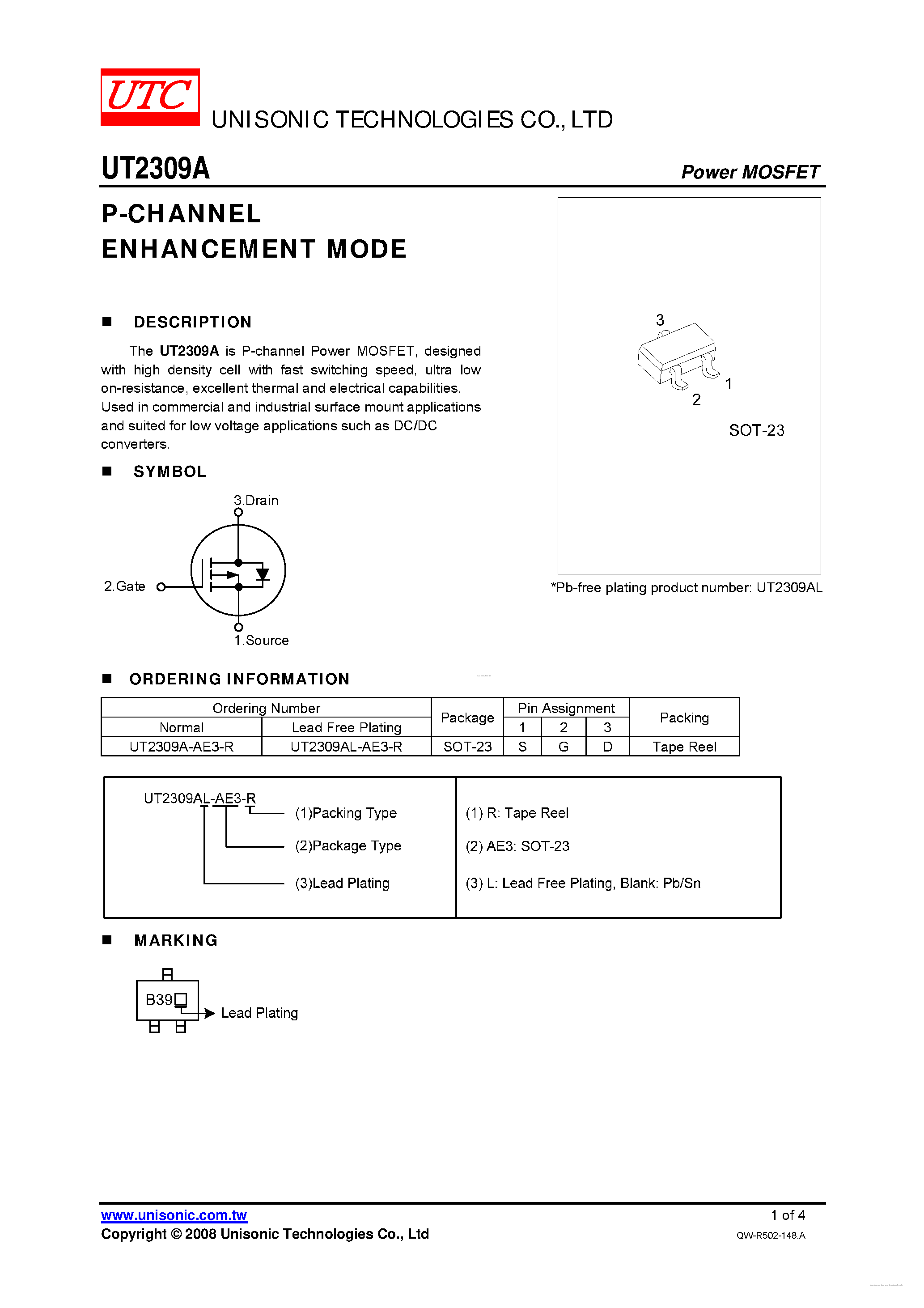 Datasheet UT2309A - P-CHANNEL ENHANCEMENT MODE page 1