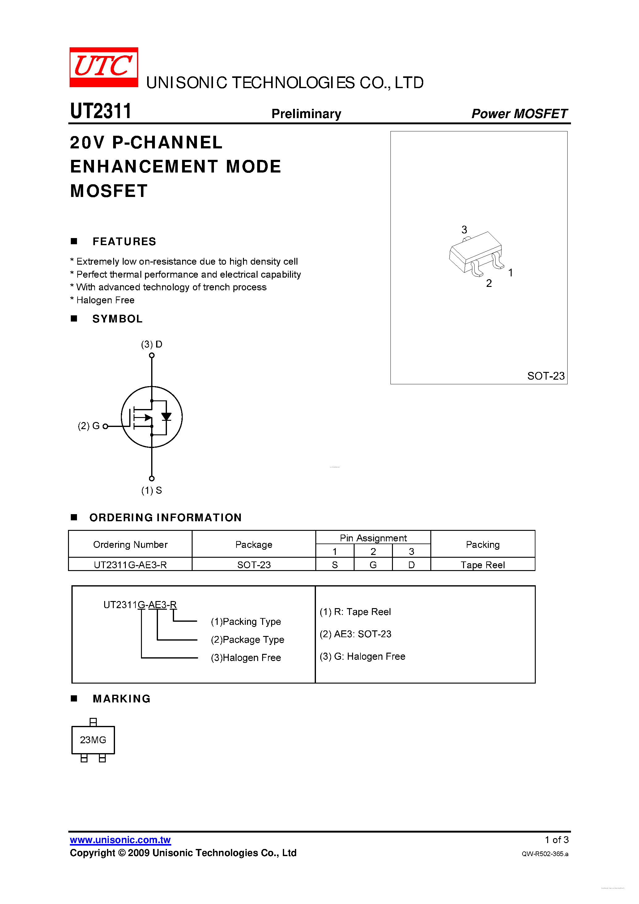 Datasheet UT2311 page 1 Datasheet UT2311 - 20V P-CHANNEL ENHANCEMENT MODE MOSFET page 1