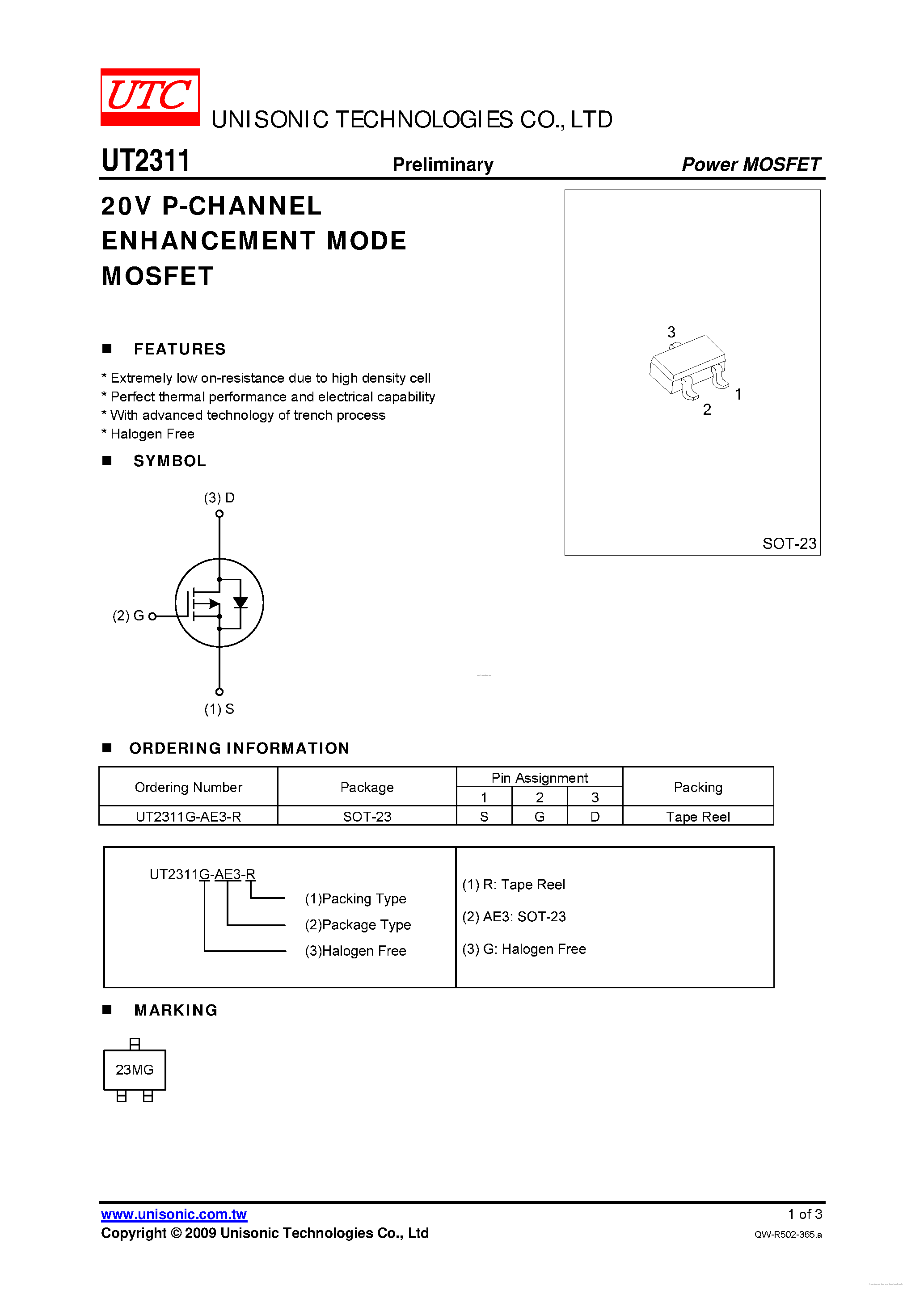 Даташит UT2311 - 20V P-CHANNEL ENHANCEMENT MODE MOSFET страница 1