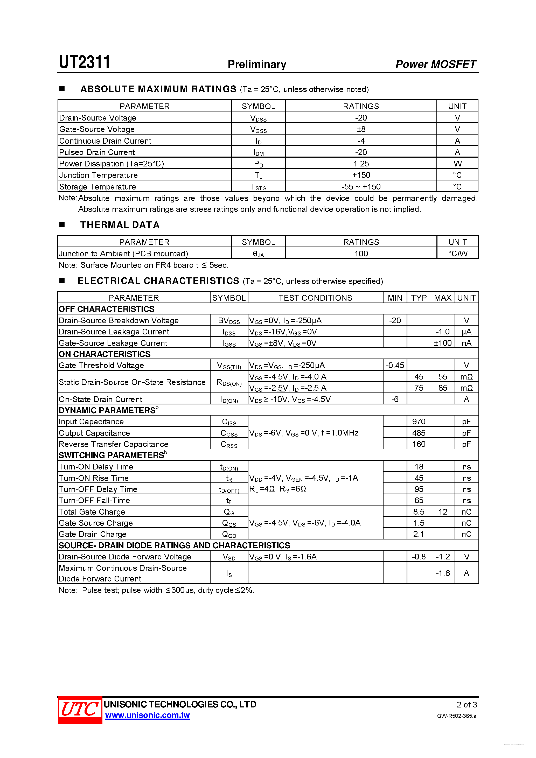 Datasheet UT2311 page 2 Datasheet UT2311 - 20V P-CHANNEL ENHANCEMENT MODE MOSFET page 2