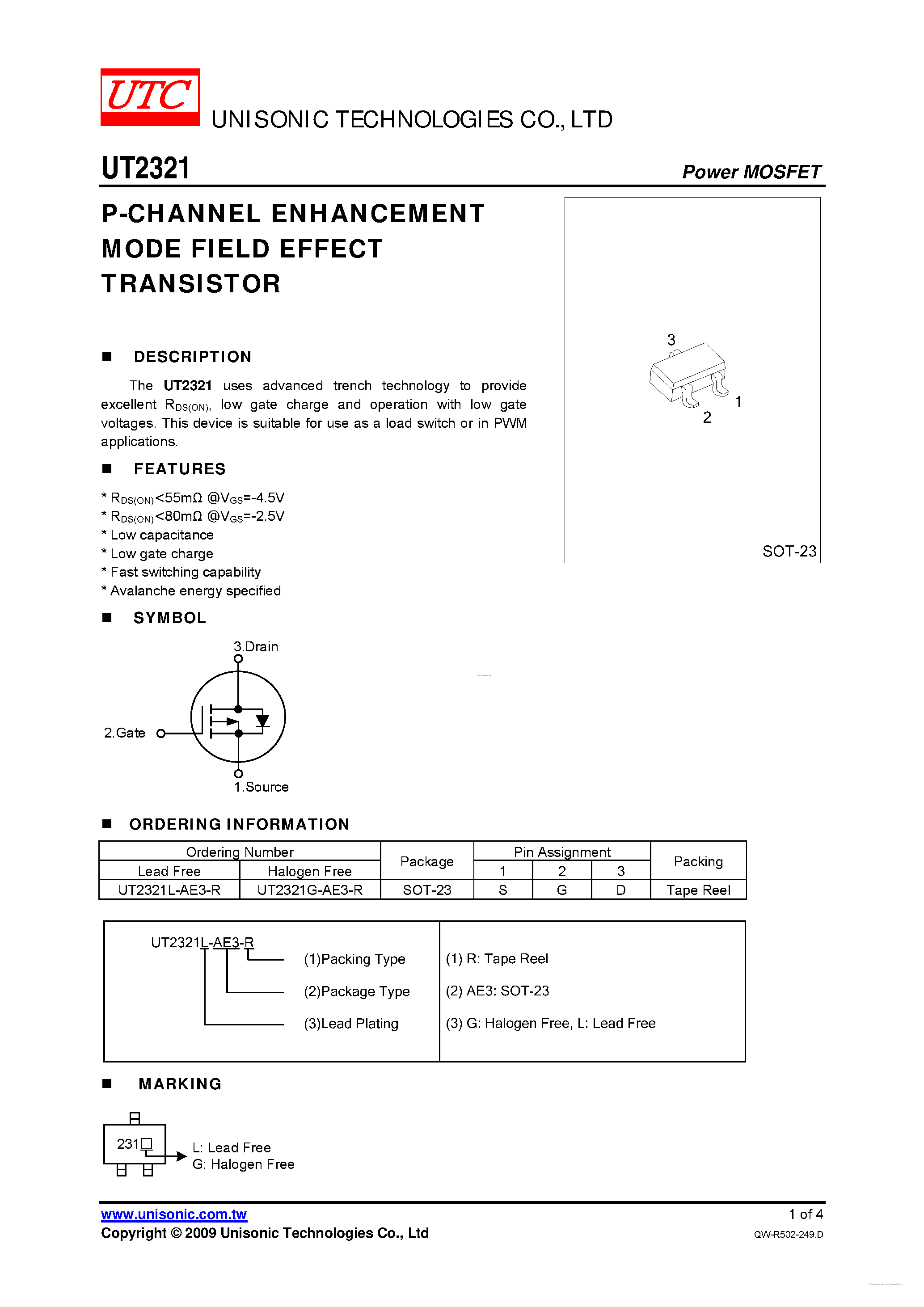 Datasheet UT2321 - P-CHANNEL ENHANCEMENT MODE FIELD EFFECT TRANSISTOR page 1