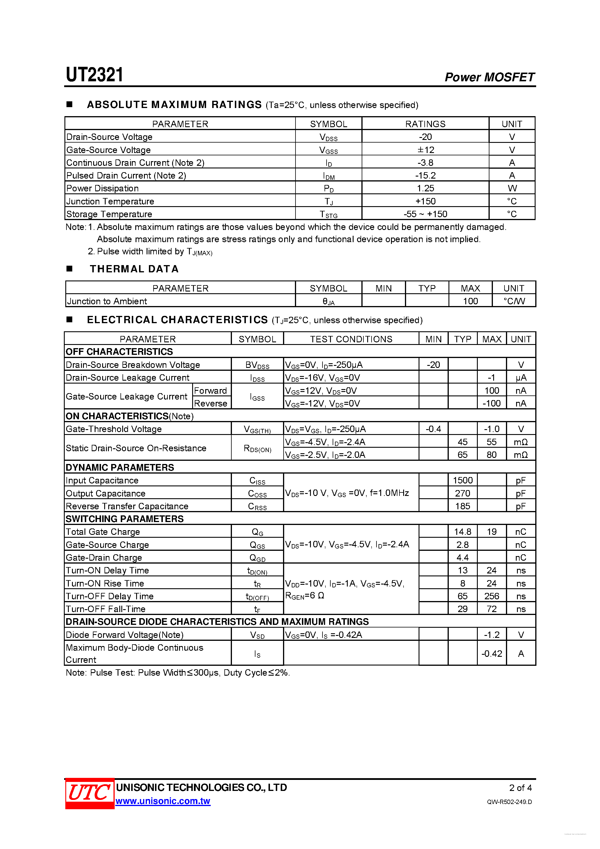 Datasheet UT2321 - P-CHANNEL ENHANCEMENT MODE FIELD EFFECT TRANSISTOR page 2