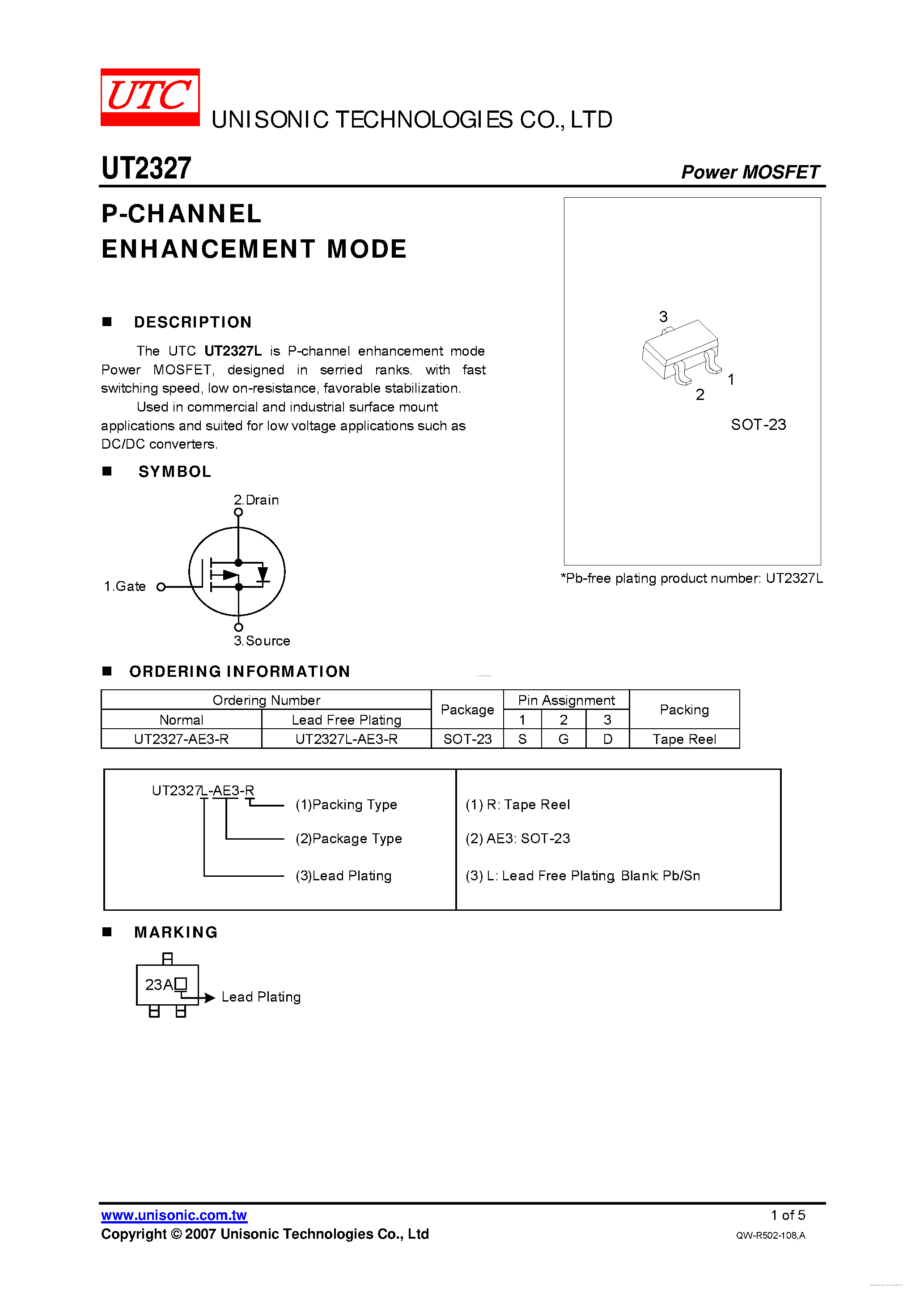 Datasheet UT2327 page 1 Datasheet UT2327 - P-CHANNEL ENHANCEMENT MODE page 1